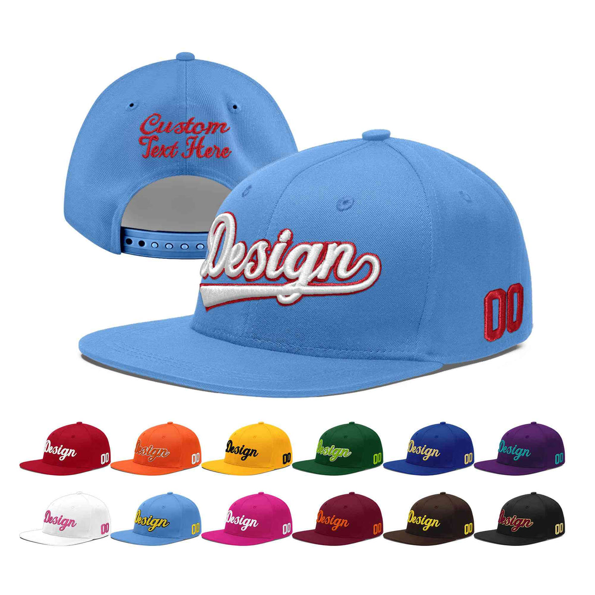 Custom Powder Blue 3D Puff Embroidery Flat Embroidery Casual Sport Baseball Cap