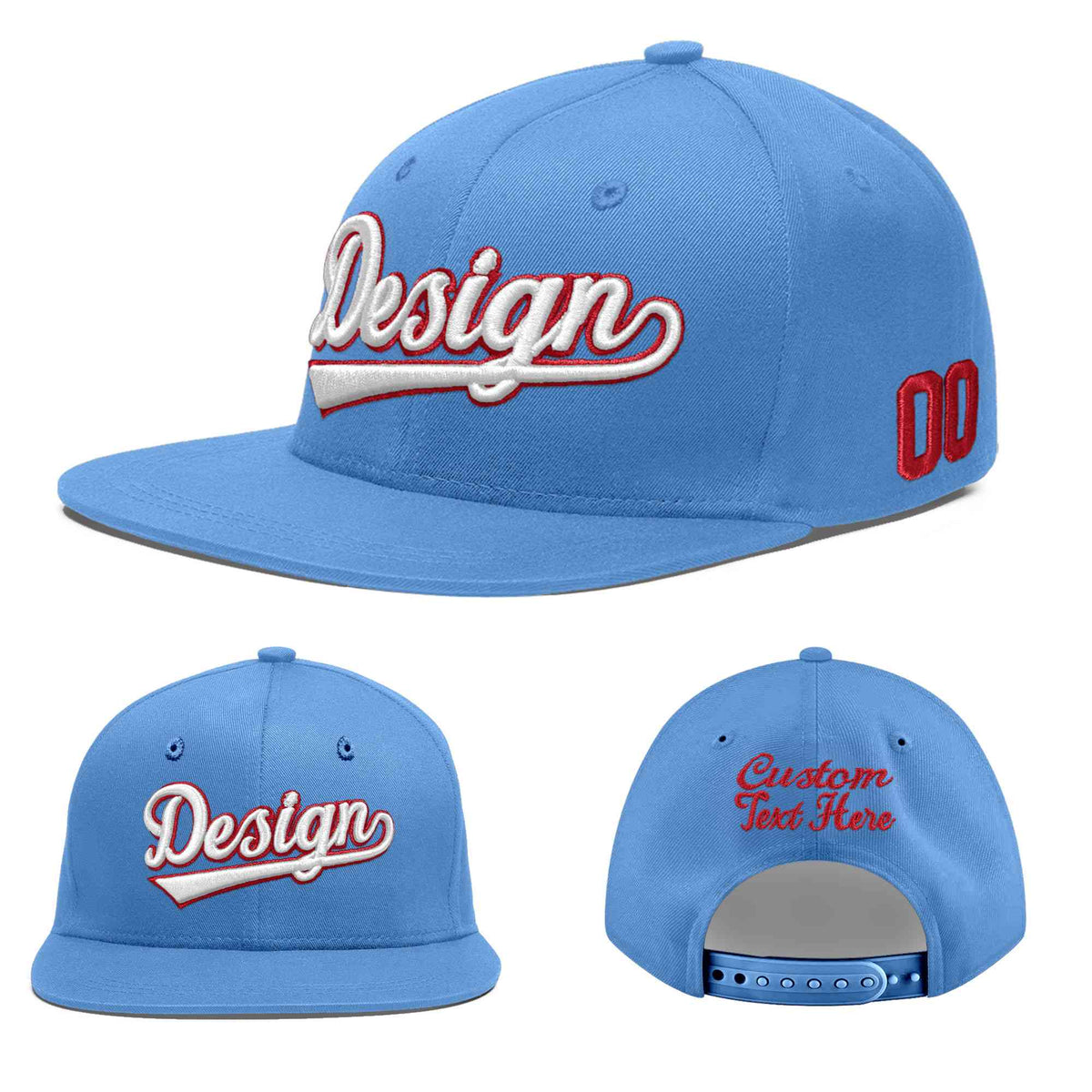 Custom Powder Blue 3D Puff Embroidery Flat Embroidery Casual Sport Baseball Cap