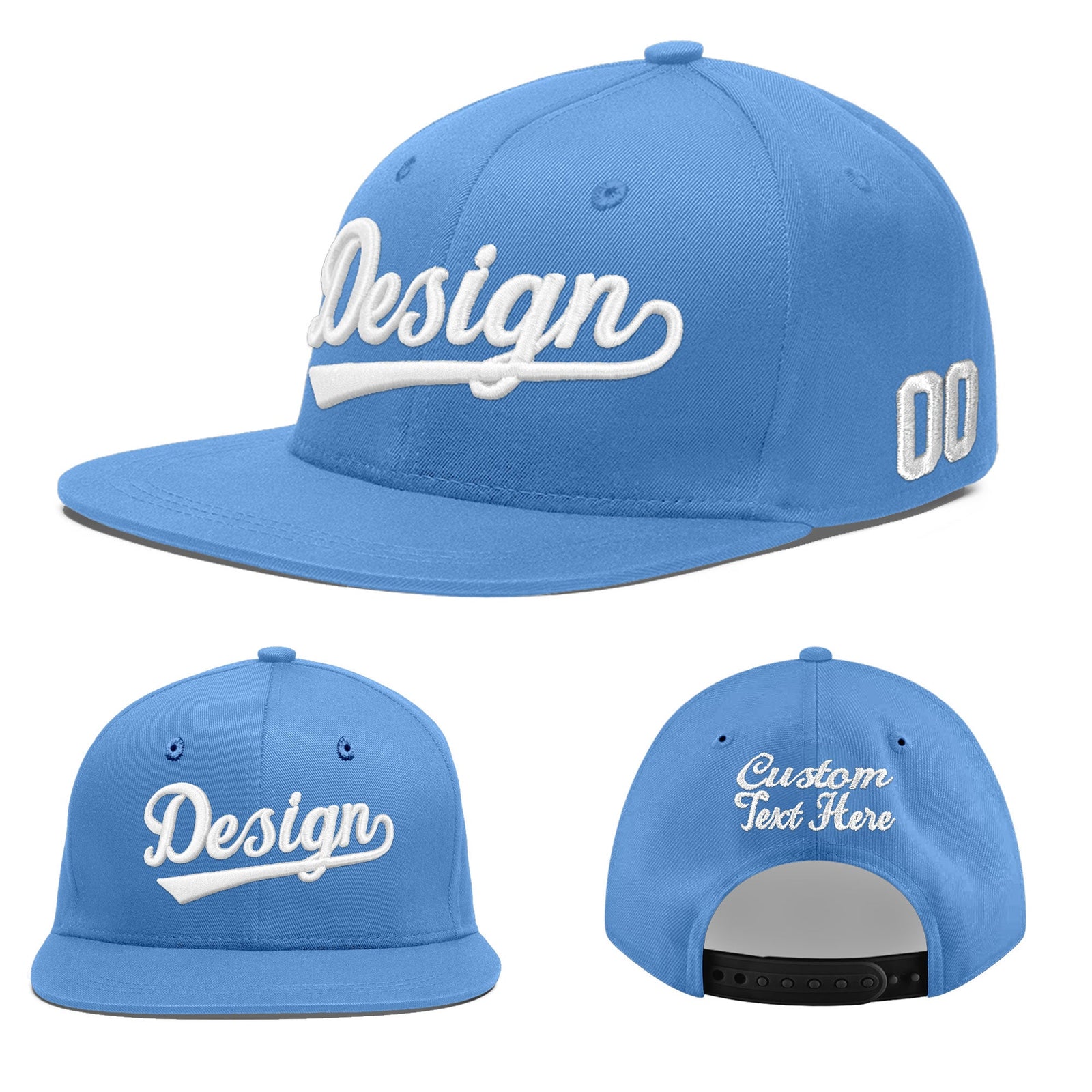 Custom Powder Blue 3D Puff Embroidery Flat Embroidery Casual Sport Baseball Cap