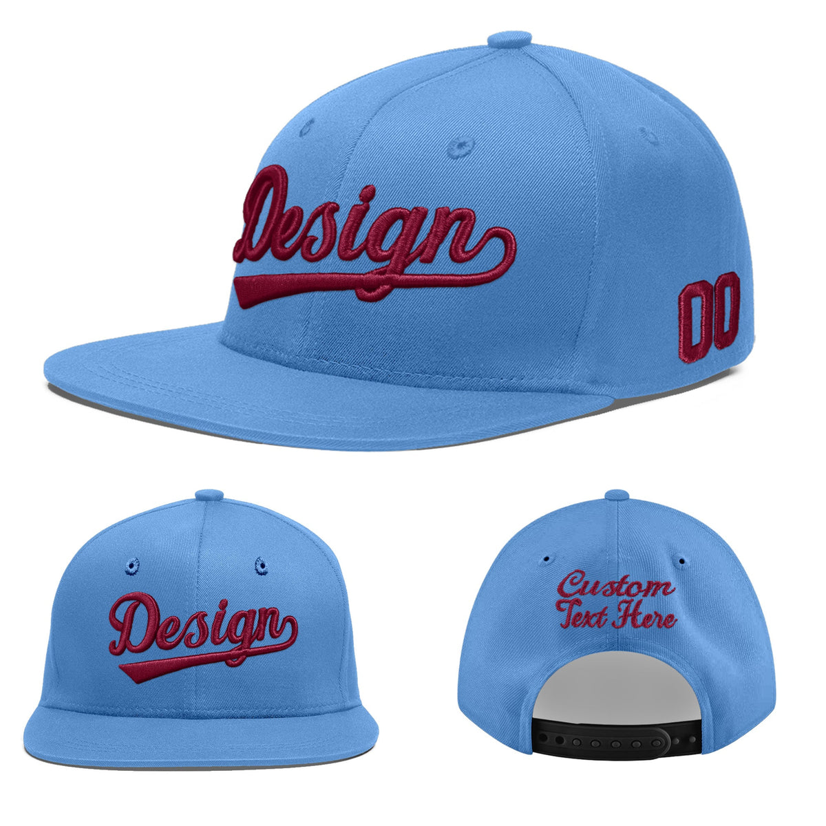 Custom Powder Blue 3D Puff Embroidery Flat Embroidery Casual Sport Baseball Cap
