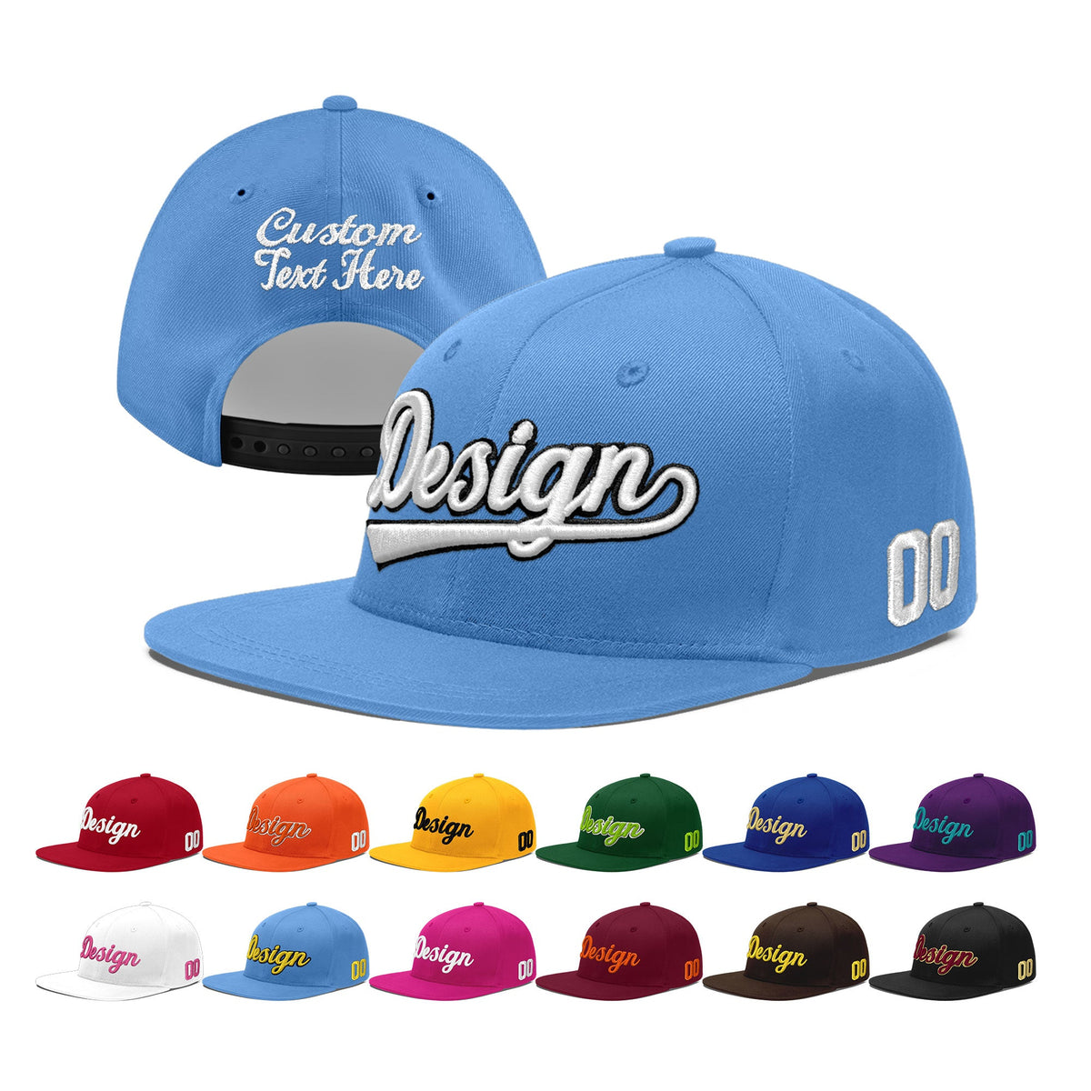 Custom Powder Blue 3D Puff Embroidery Flat Embroidery Casual Sport Baseball Cap