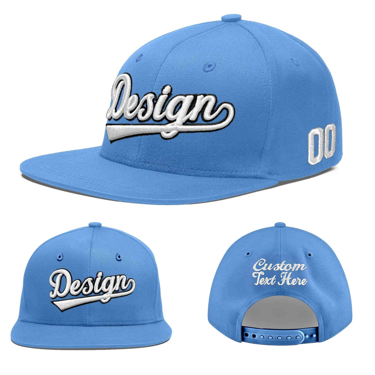 Custom Powder Blue 3D Puff Embroidery Flat Embroidery Casual Sport Baseball Cap
