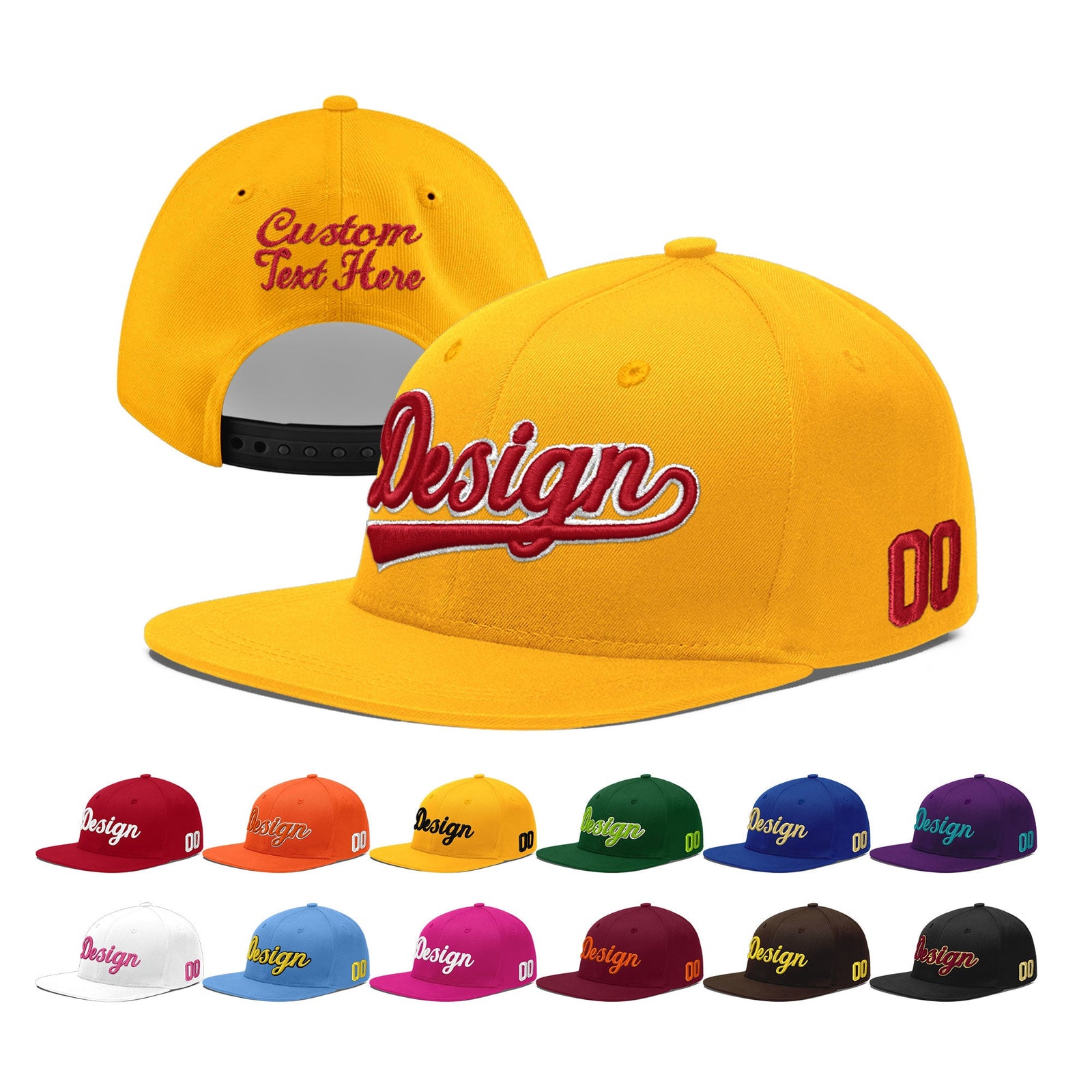 Custom Yellow 3D Puff Embroidery Flat Embroidery Casual Sport Baseball Cap