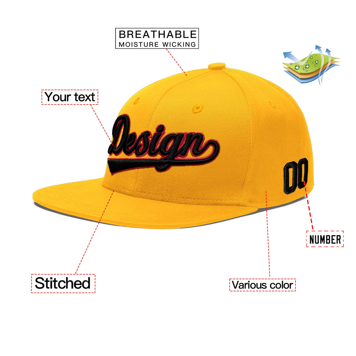 Custom Yellow 3D Puff Embroidery Flat Embroidery Casual Sport Baseball Cap