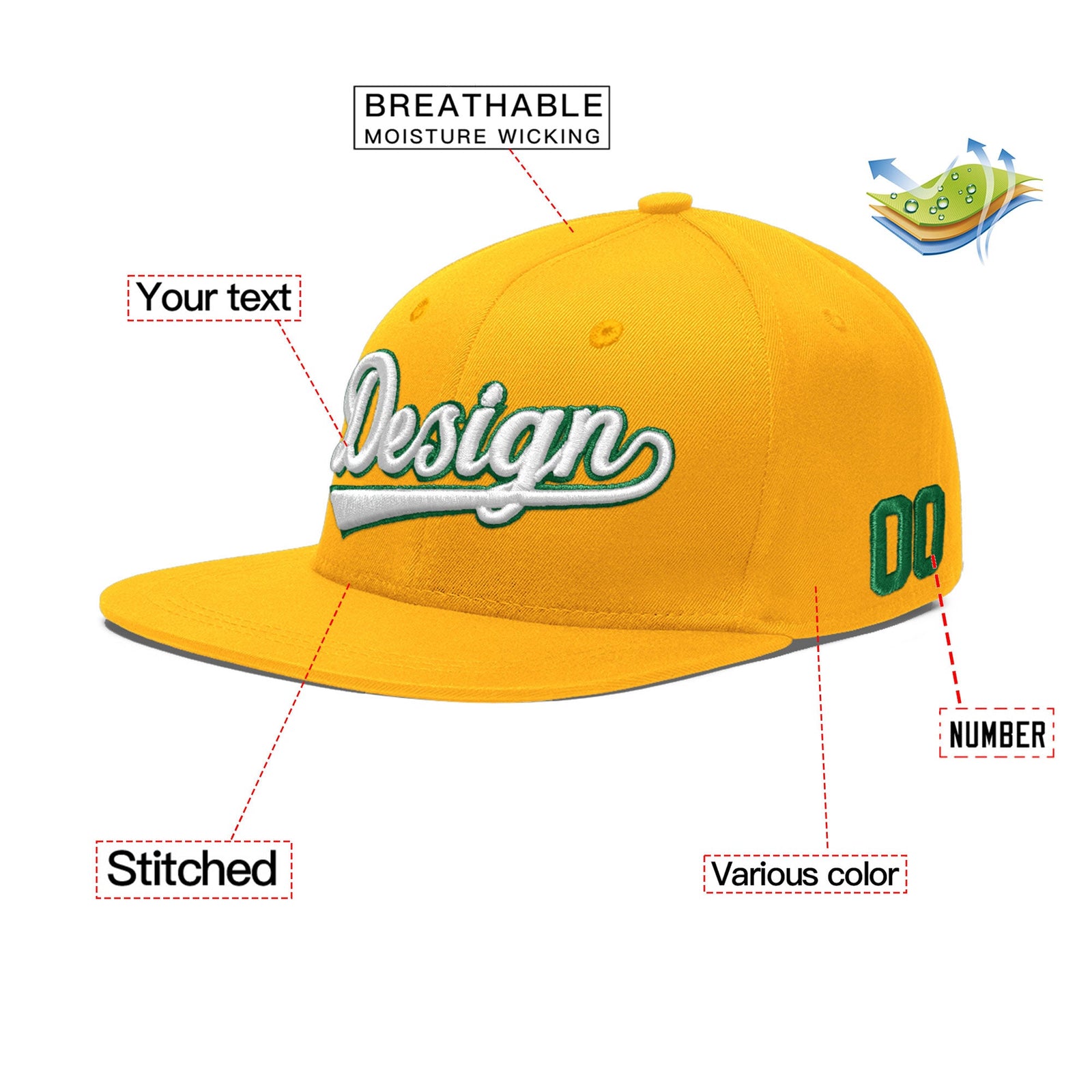 Custom Yellow 3D Puff Embroidery Flat Embroidery Casual Sport Baseball Cap