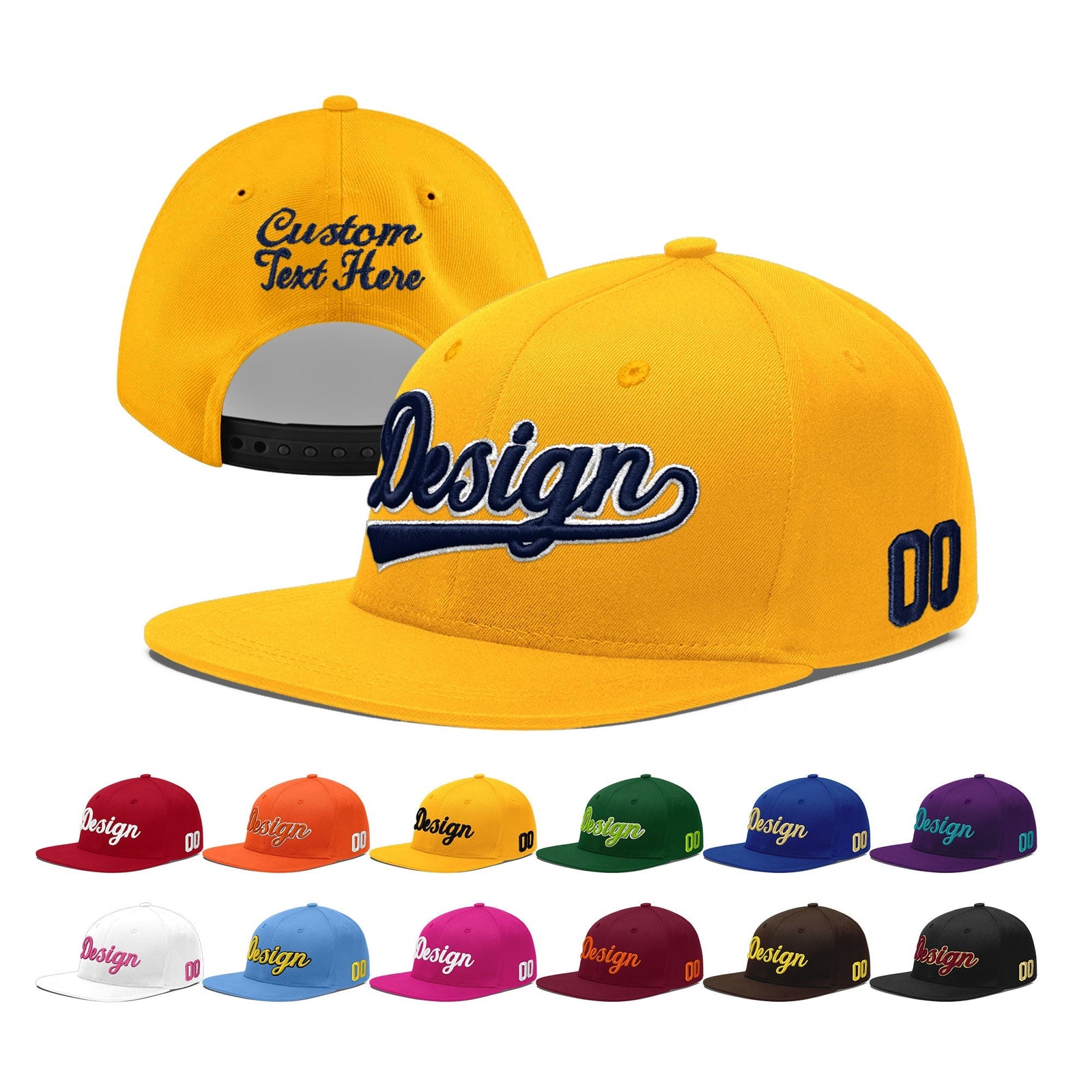 Custom Yellow 3D Puff Embroidery Flat Embroidery Casual Sport Baseball Cap