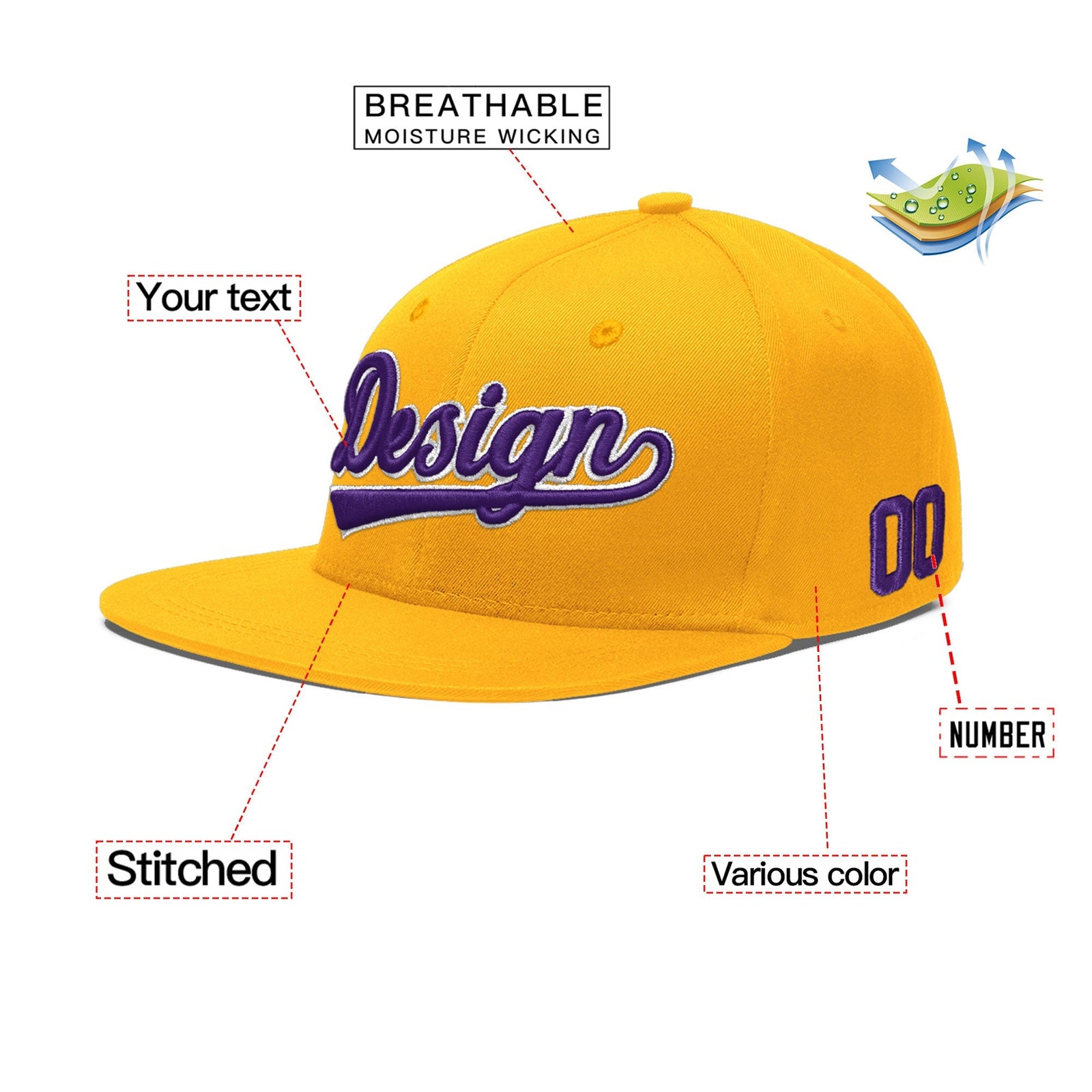 Custom Yellow 3D Puff Embroidery Flat Embroidery Casual Sport Baseball Cap