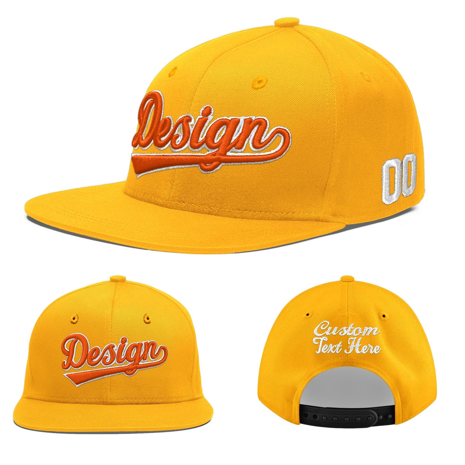 Custom Yellow 3D Puff Embroidery Flat Embroidery Casual Sport Baseball Cap