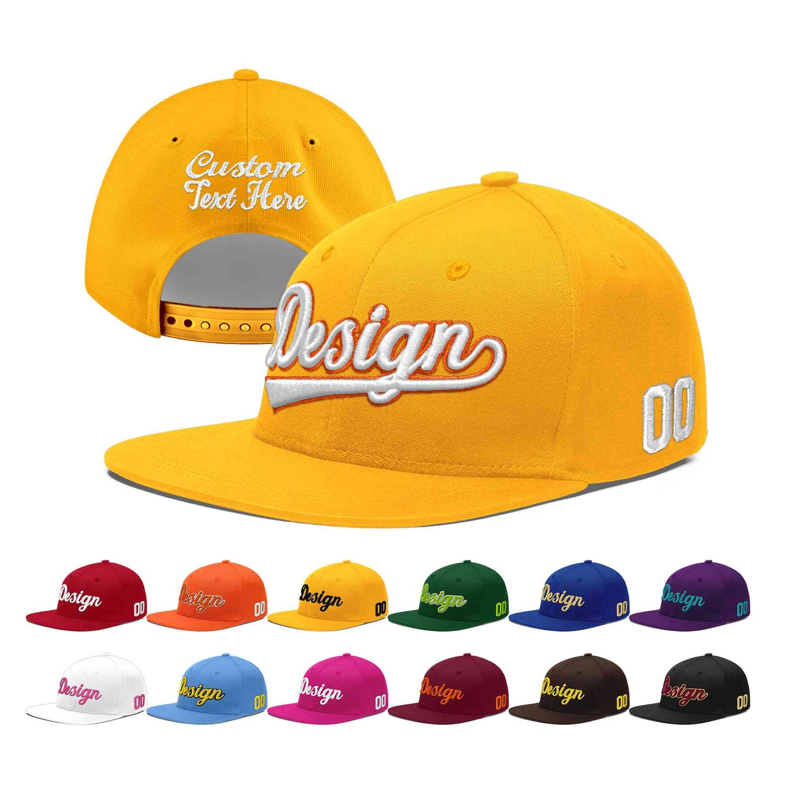 Custom Yellow 3D Puff Embroidery Flat Embroidery Casual Sport Baseball Cap