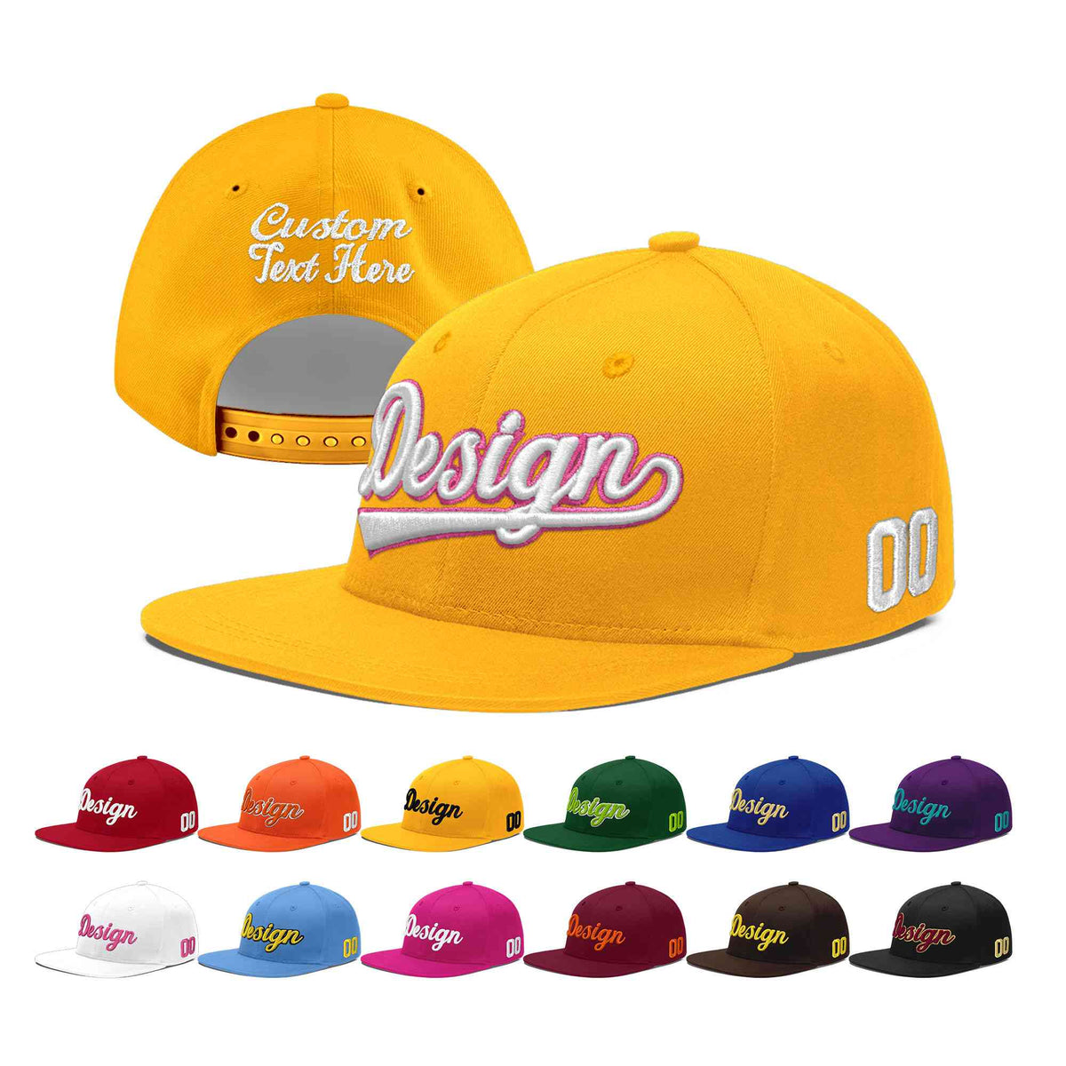Custom Yellow 3D Puff Embroidery Flat Embroidery Casual Sport Baseball Cap