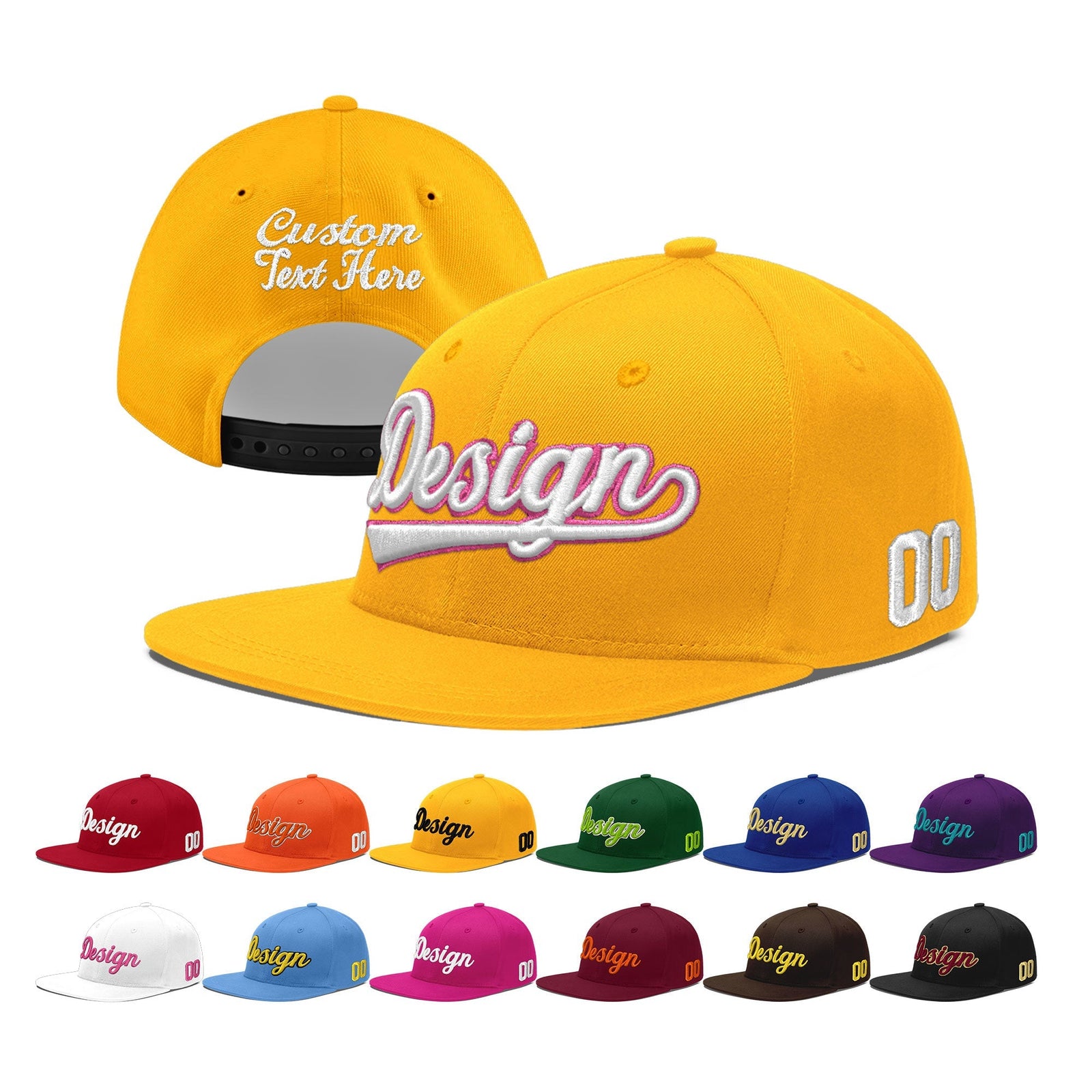 Custom Yellow 3D Puff Embroidery Flat Embroidery Casual Sport Baseball Cap