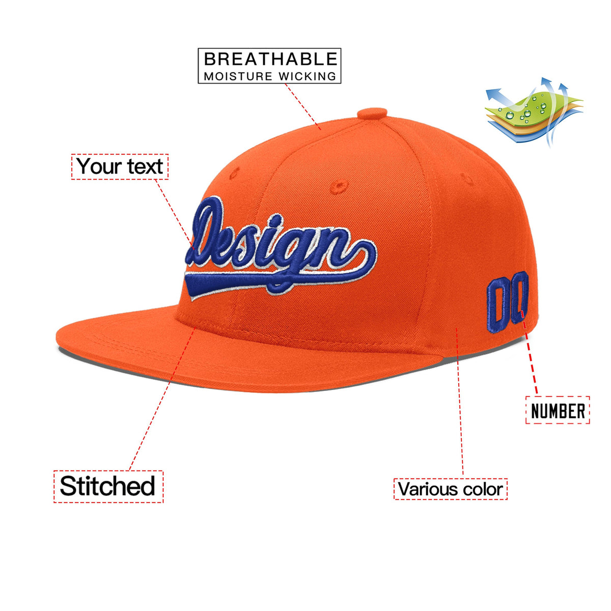 Custom Orange 3D Puff Embroidery Flat Embroidery Casual Sport Baseball Cap