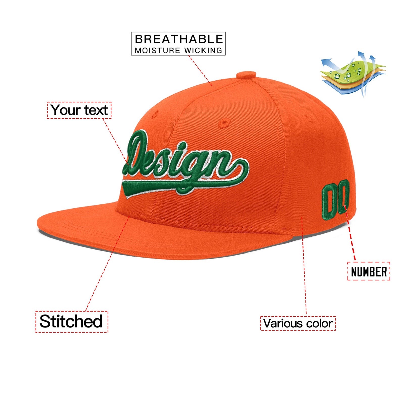 Custom Orange 3D Puff Embroidery Flat Embroidery Casual Sport Baseball Cap
