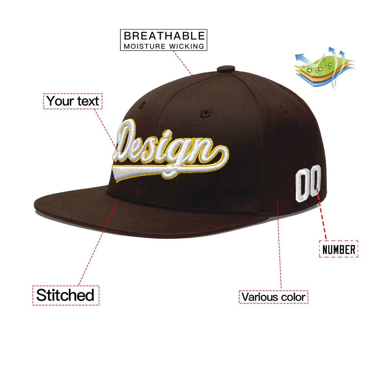 Custom Brown 3D Puff Embroidery Flat Embroidery Casual Sport Baseball Cap