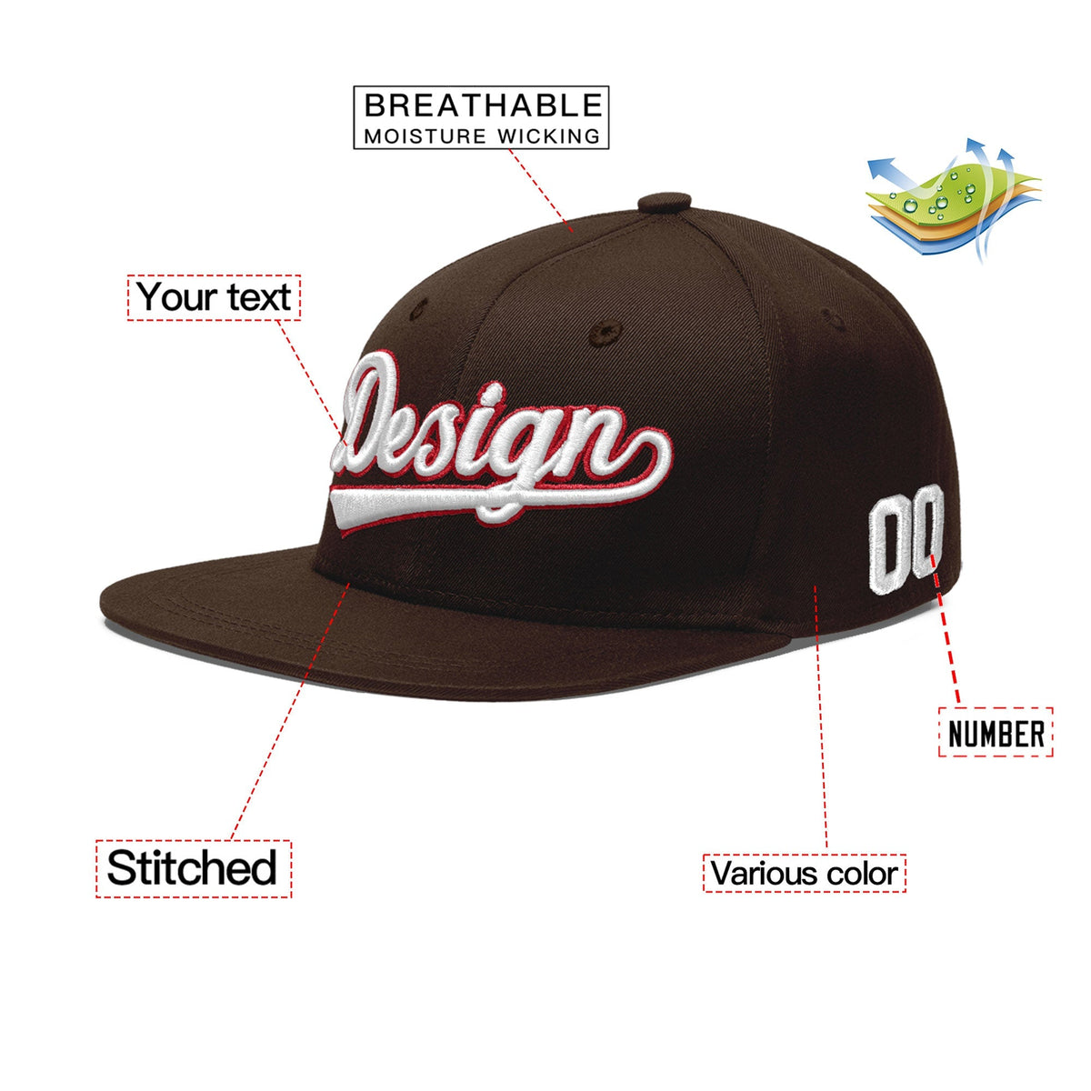 Custom Brown 3D Puff Embroidery Flat Embroidery Casual Sport Baseball Cap