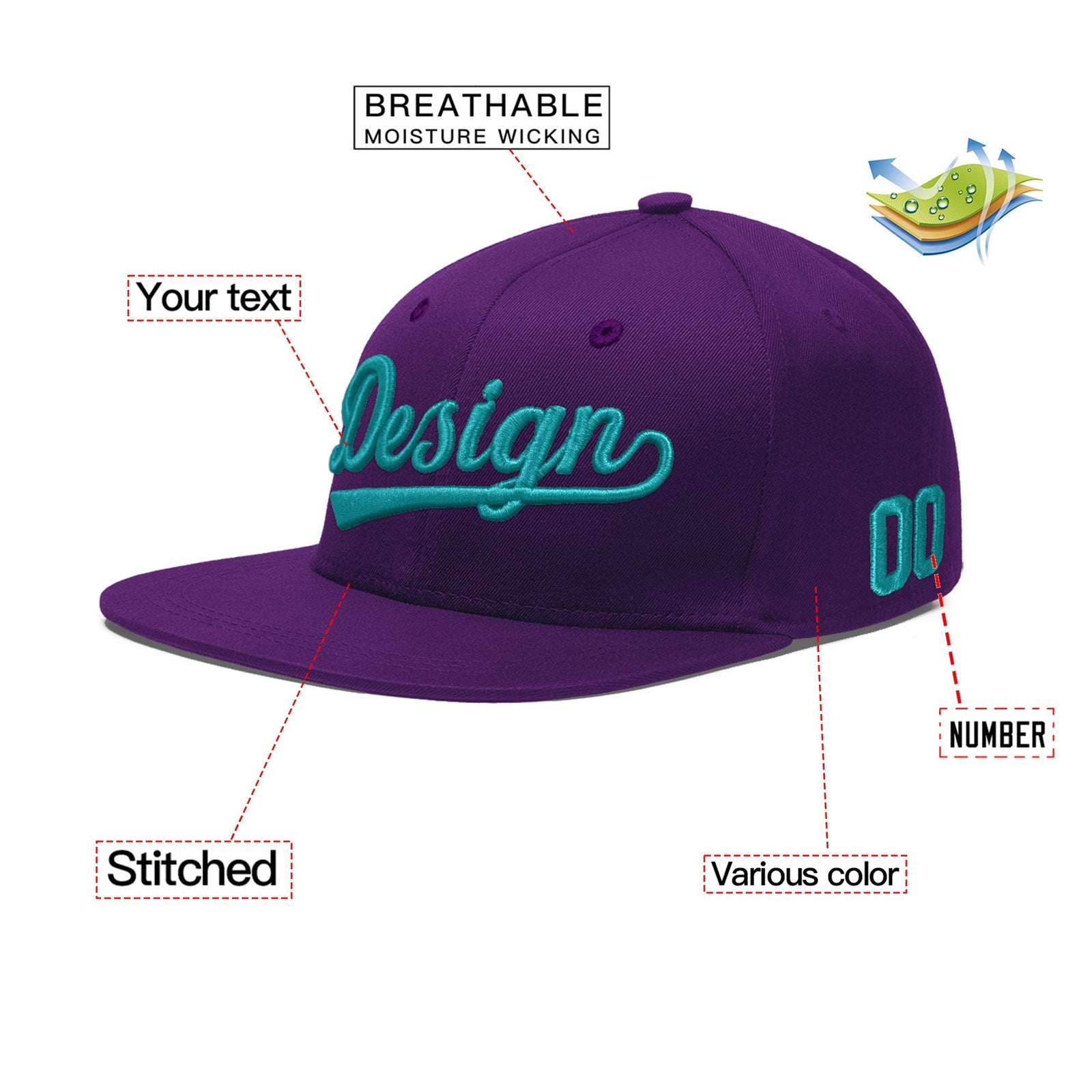 Custom Purple 3D Puff Embroidery Flat Embroidery Casual Sport Baseball Cap