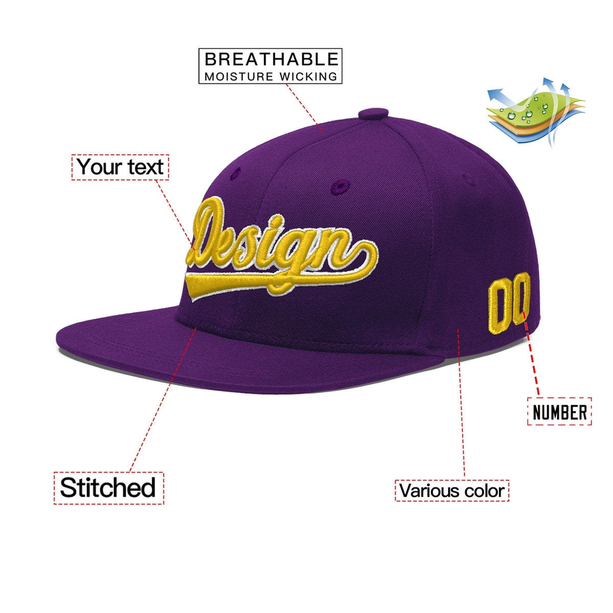 Custom Purple 3D Puff Embroidery Flat Embroidery Casual Sport Baseball Cap