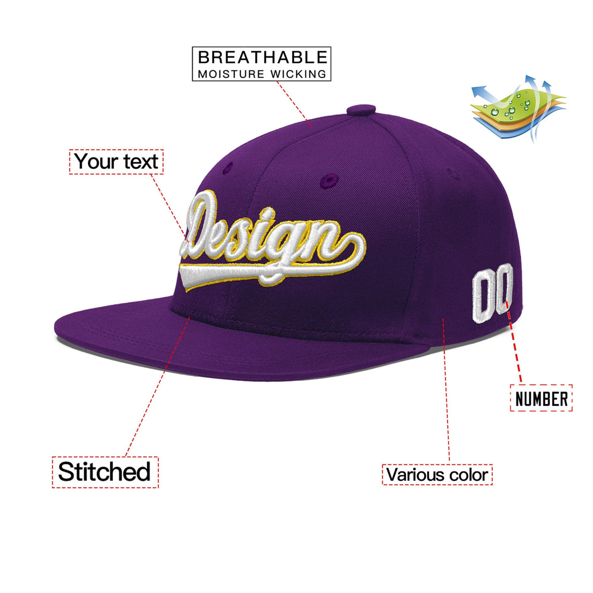 Custom Purple 3D Puff Embroidery Flat Embroidery Casual Sport Baseball Cap