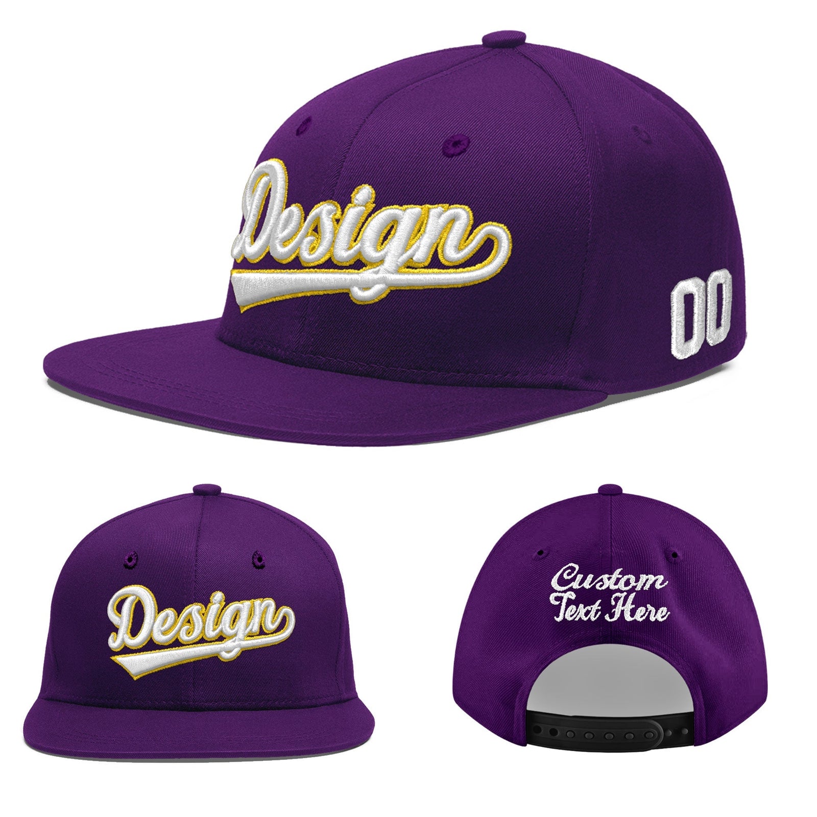 Custom Purple 3D Puff Embroidery Flat Embroidery Casual Sport Baseball Cap