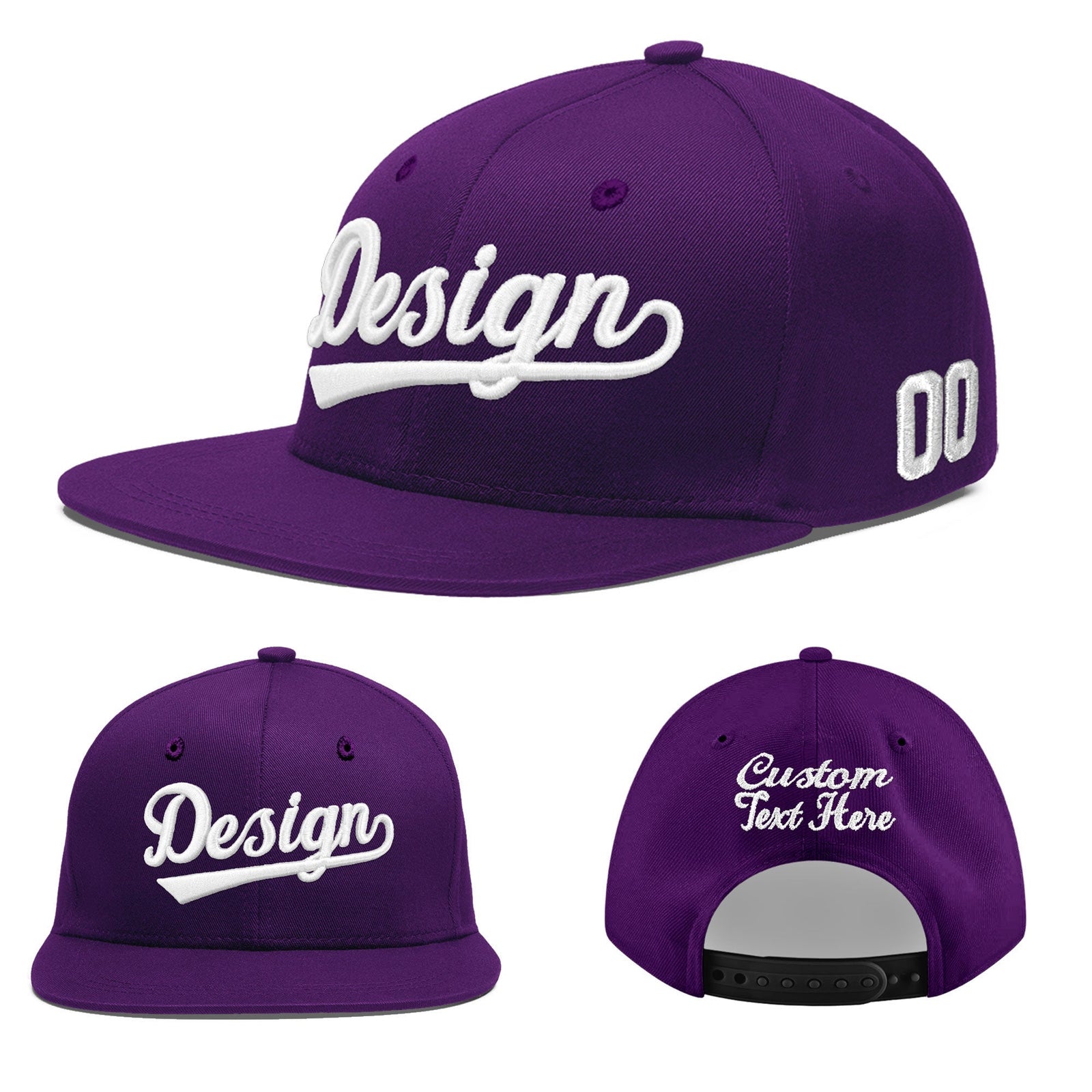 Custom Purple 3D Puff Embroidery Flat Embroidery Casual Sport Baseball Cap
