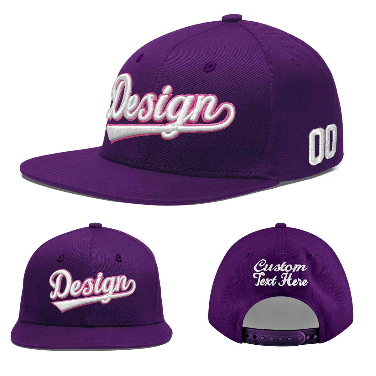 Custom Purple 3D Puff Embroidery Flat Embroidery Casual Sport Baseball Cap