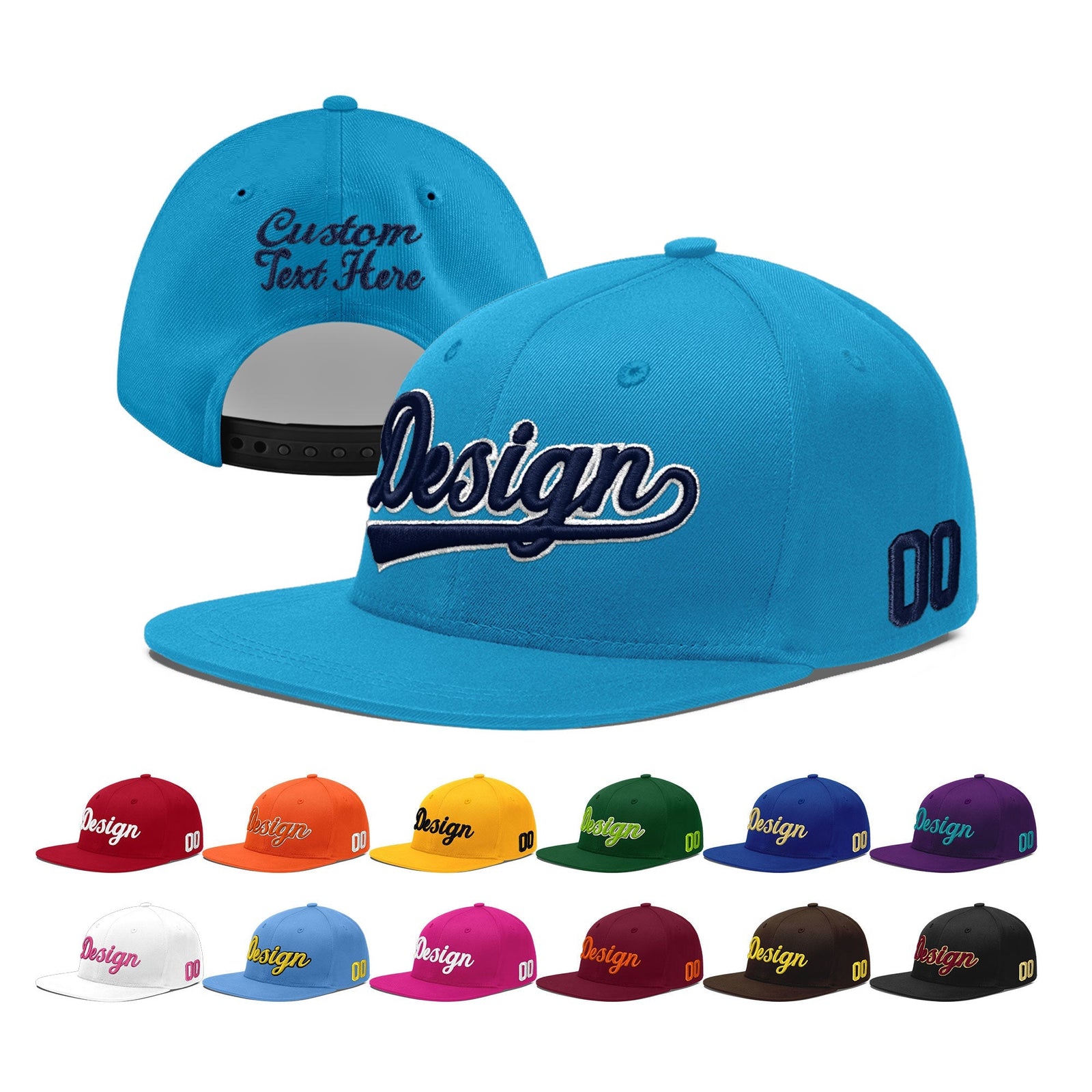 Custom Light Blue 3D Puff Embroidery Flat Embroidery Casual Sport Baseball Cap