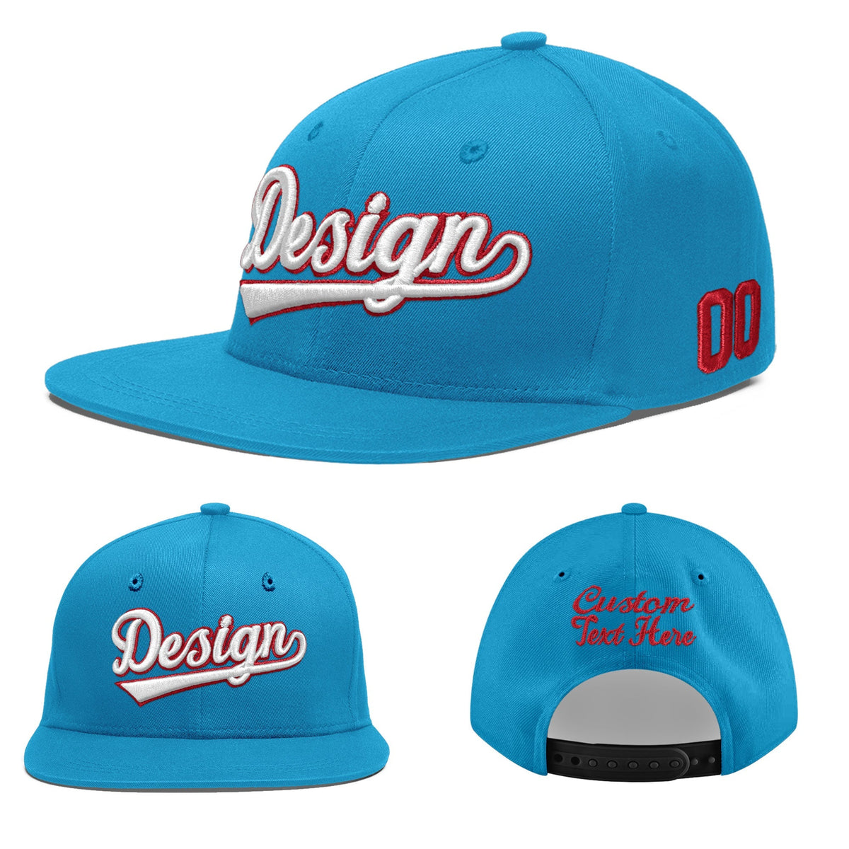 Custom Light Blue 3D Puff Embroidery Flat Embroidery Casual Sport Baseball Cap