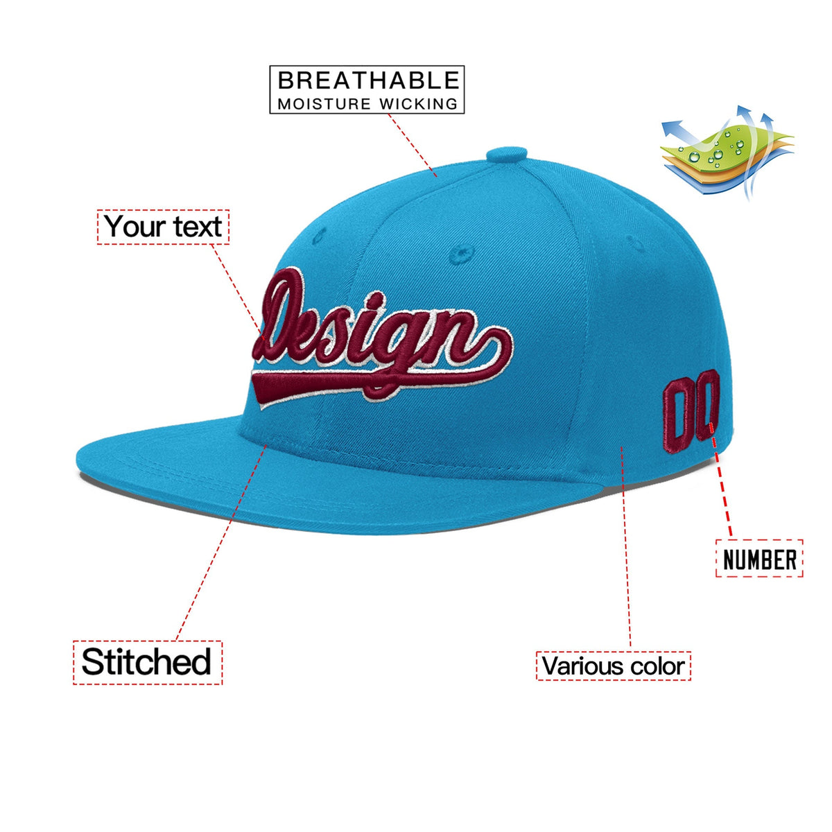 Custom Light Blue 3D Puff Embroidery Flat Embroidery Casual Sport Baseball Cap