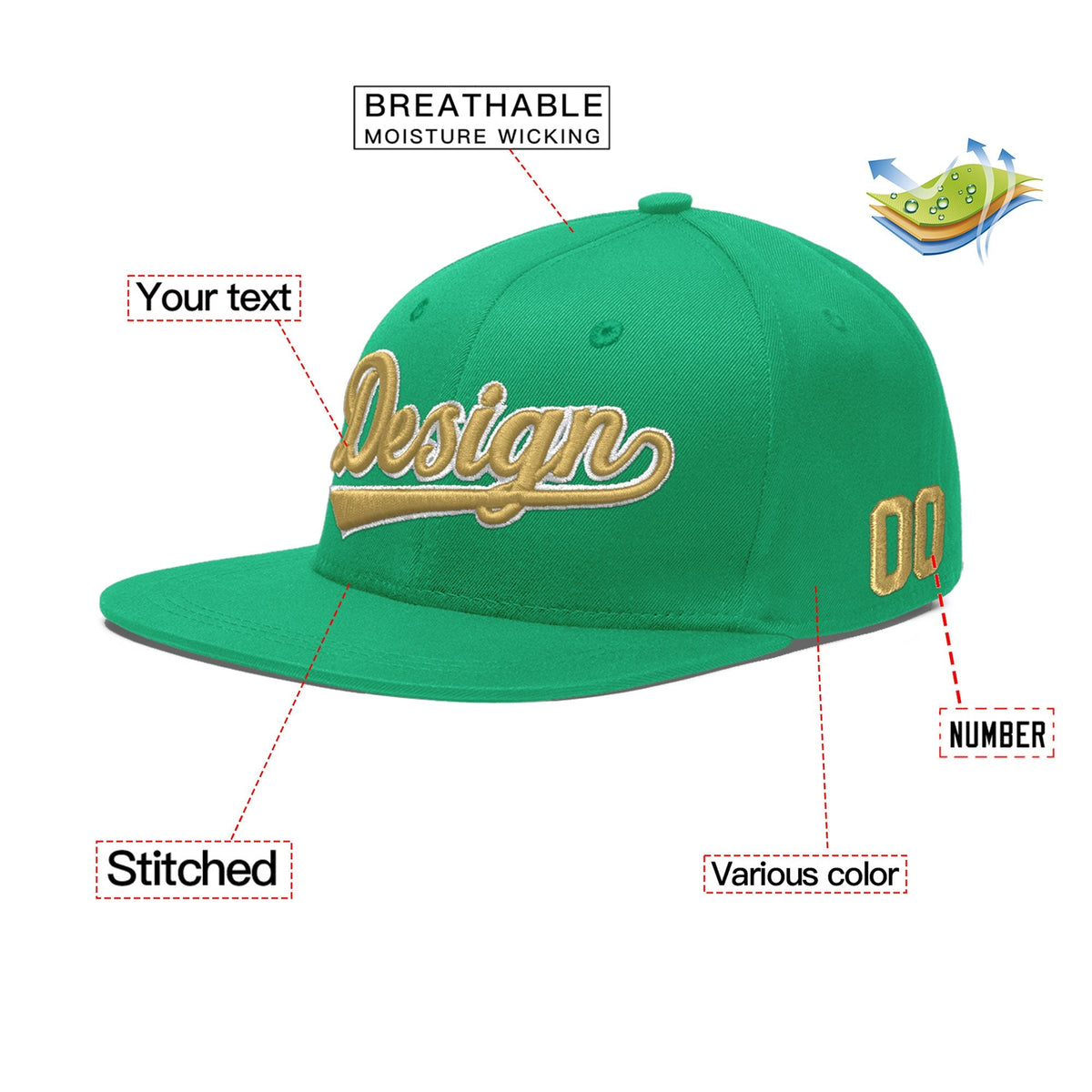 Custom Aqua 3D Puff Embroidery Flat Embroidery Casual Sport Baseball Cap