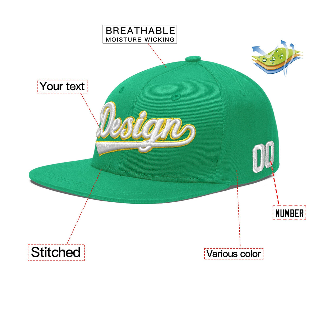 Custom Aqua 3D Puff Embroidery Flat Embroidery Casual Sport Baseball Cap