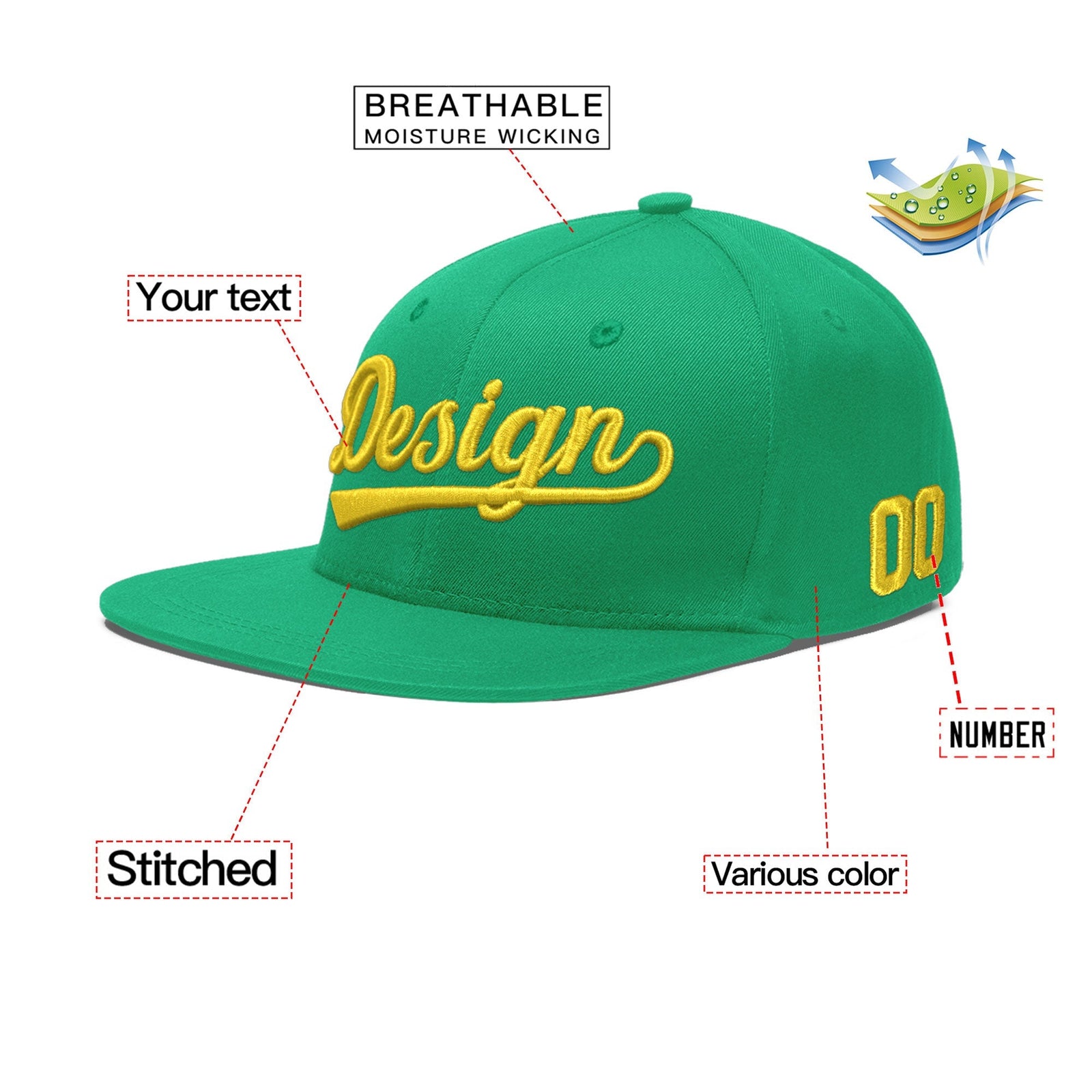 Custom Aqua 3D Puff Embroidery Flat Embroidery Casual Sport Baseball Cap