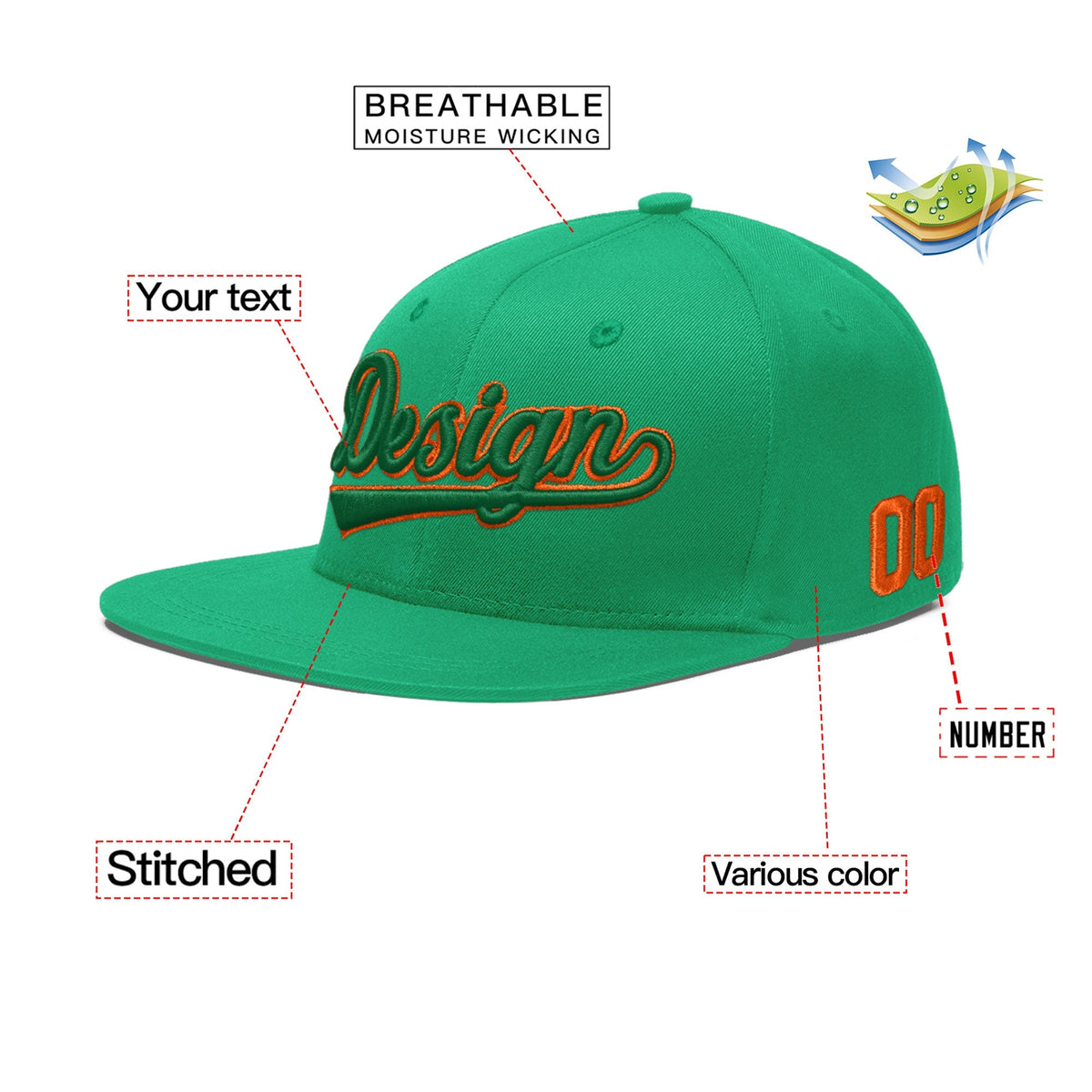 Custom Aqua 3D Puff Embroidery Flat Embroidery Casual Sport Baseball Cap