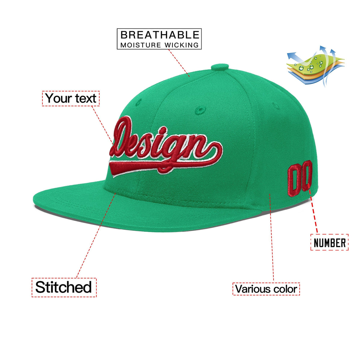 Custom Aqua 3D Puff Embroidery Flat Embroidery Casual Sport Baseball Cap