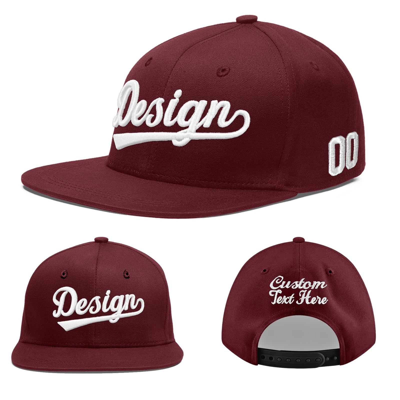 Custom Maroon 3D Puff Embroidery Flat Embroidery Casual Sport Baseball Cap