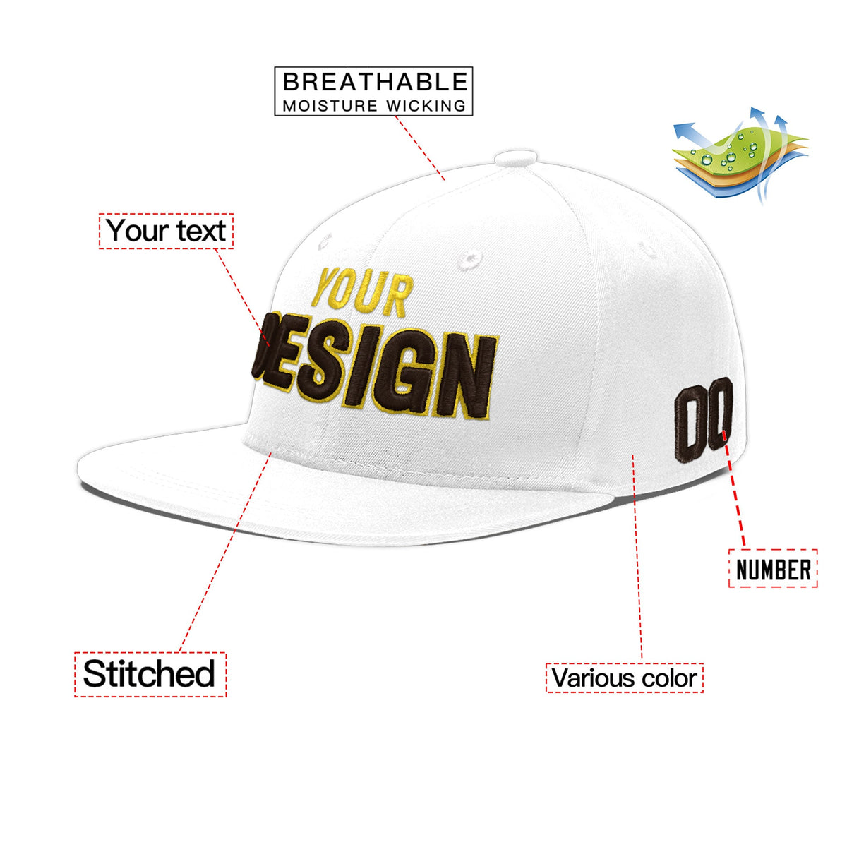 Custom White 3D Puff Embroidery Flat Embroidery Casual Sport Baseball Cap