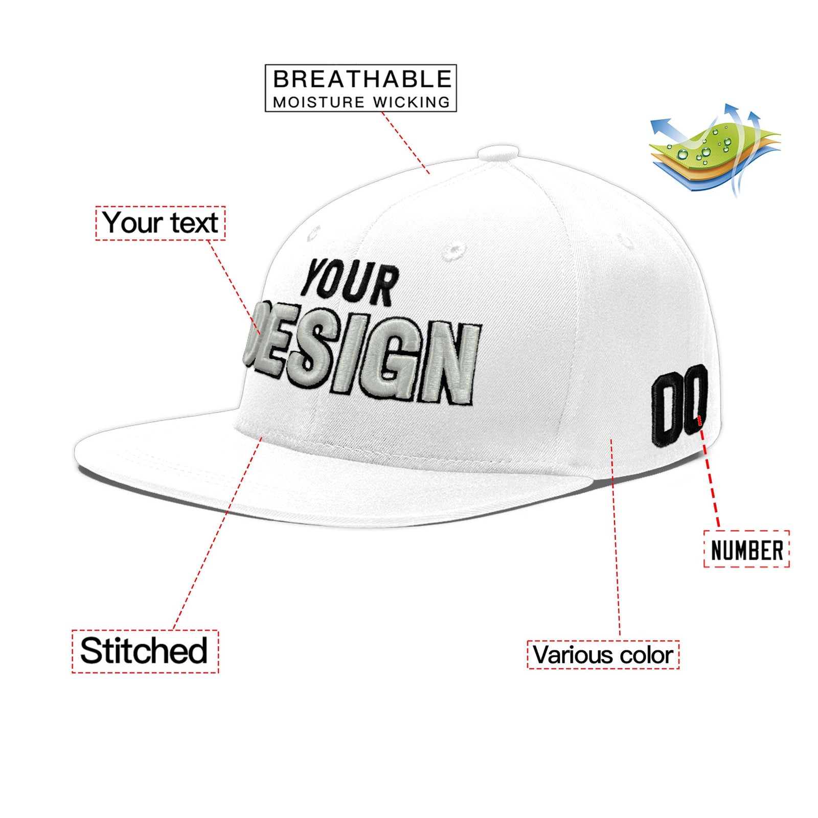 Custom White 3D Puff Embroidery Flat Embroidery Casual Sport Baseball Cap