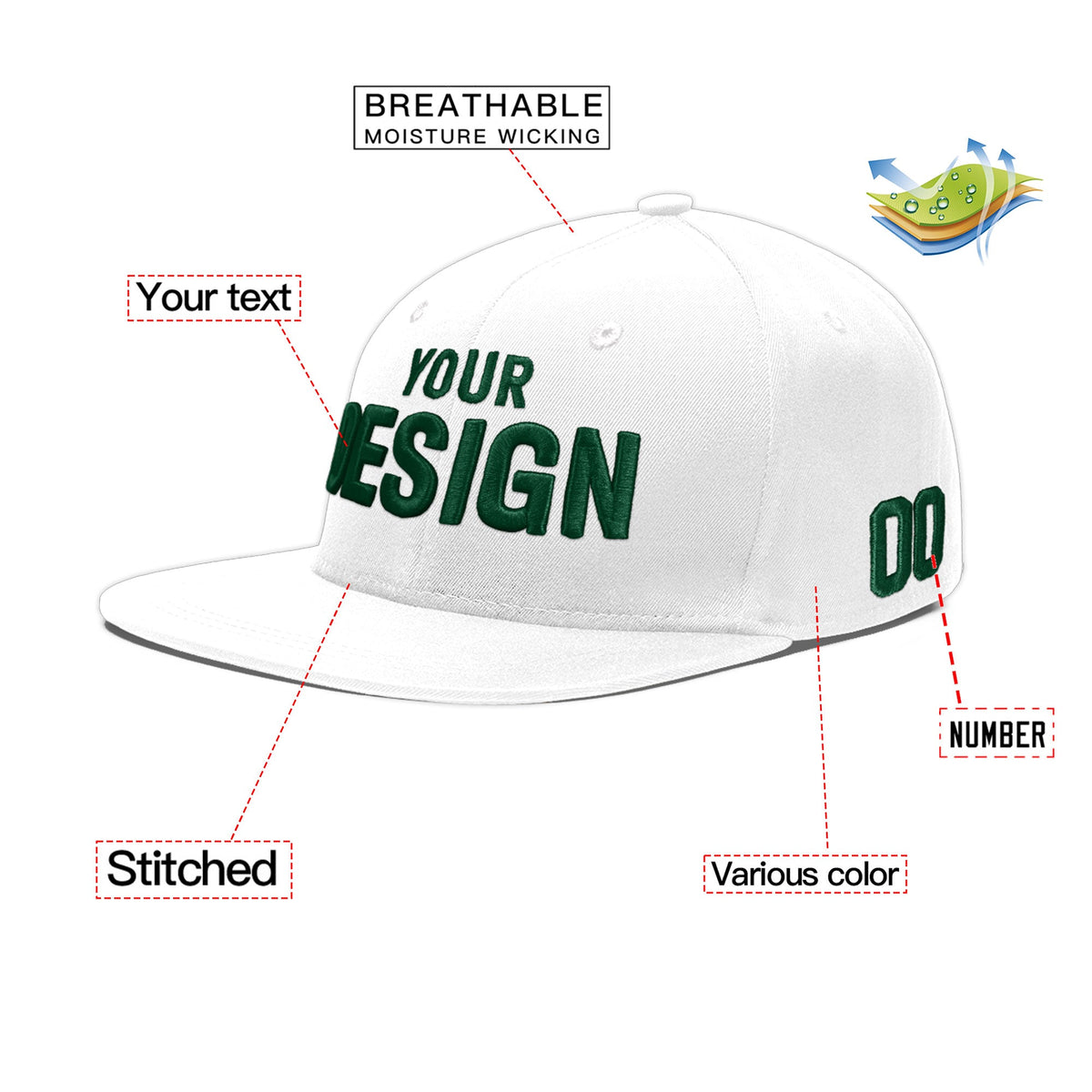 Custom White 3D Puff Embroidery Flat Embroidery Casual Sport Baseball Cap