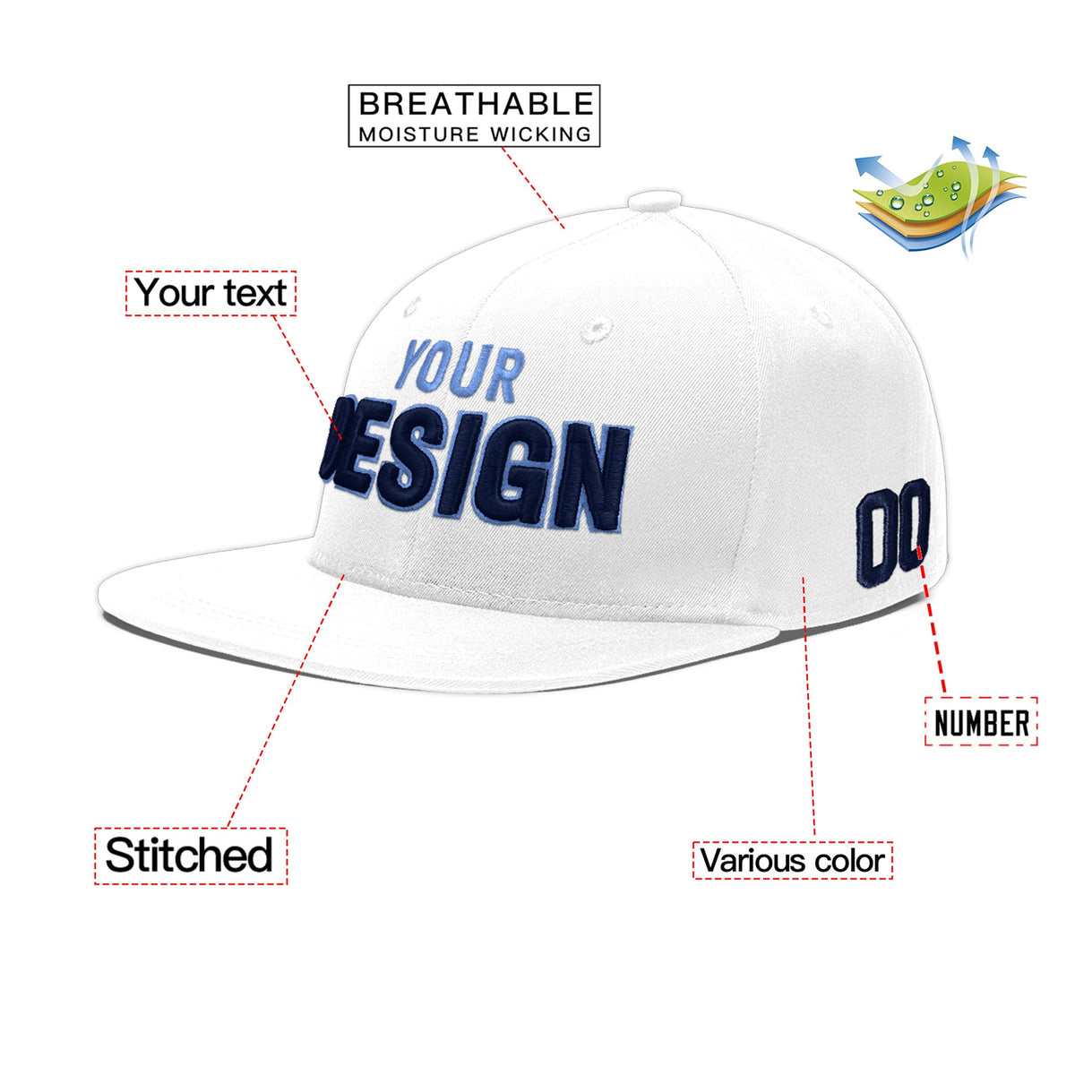Custom White 3D Puff Embroidery Flat Embroidery Casual Sport Baseball Cap