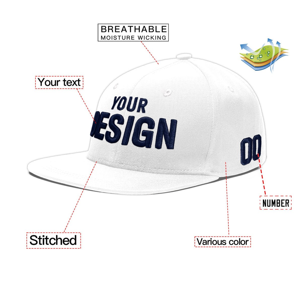 Custom White 3D Puff Embroidery Flat Embroidery Casual Sport Baseball Cap