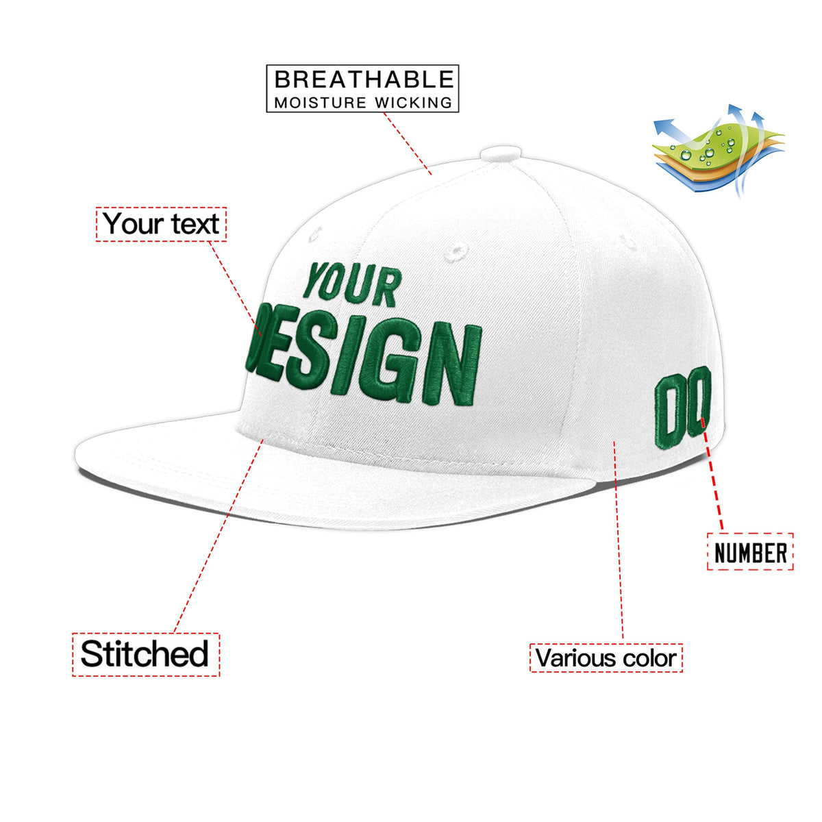 Custom White 3D Puff Embroidery Flat Embroidery Casual Sport Baseball Cap
