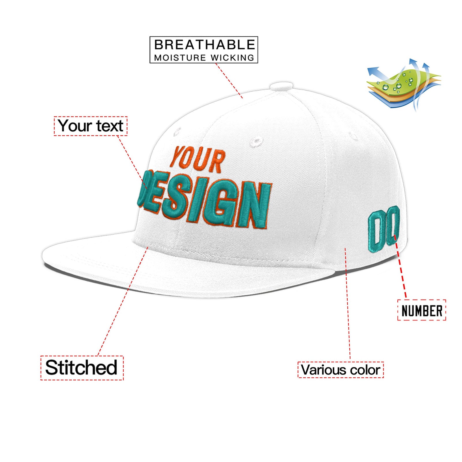 Custom White 3D Puff Embroidery Flat Embroidery Casual Sport Baseball Cap
