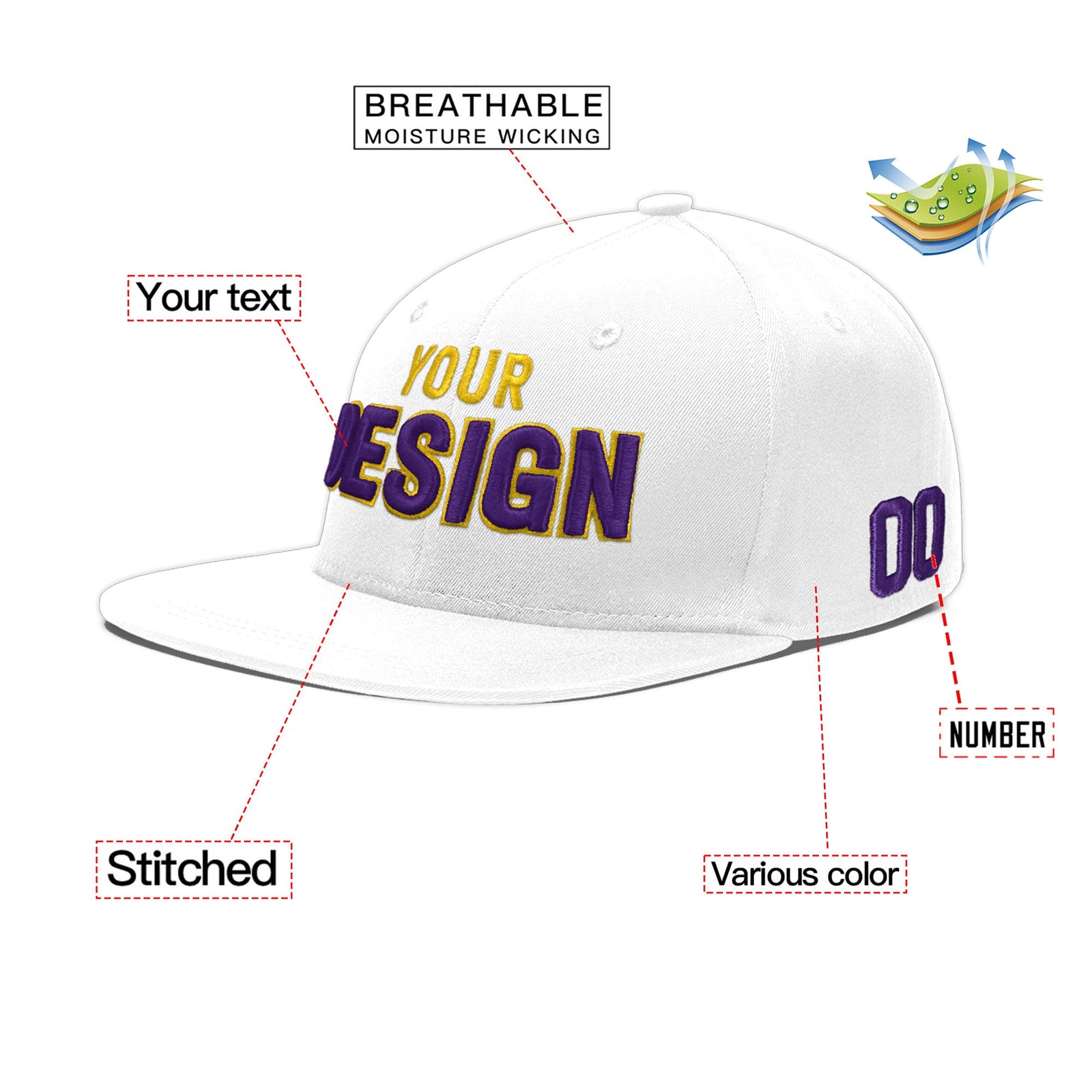 Custom White 3D Puff Embroidery Flat Embroidery Casual Sport Baseball Cap