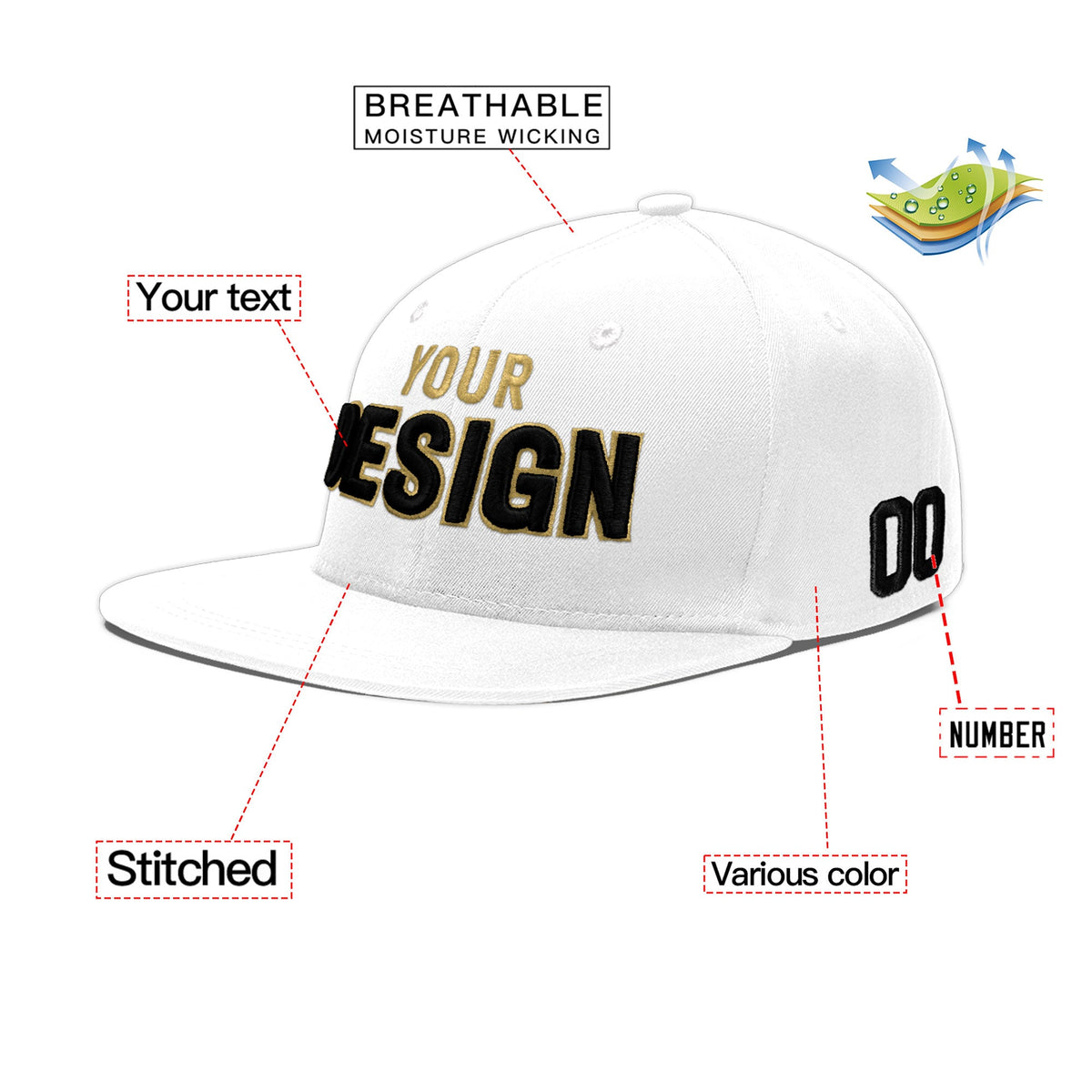 Custom White 3D Puff Embroidery Flat Embroidery Casual Sport Baseball Cap