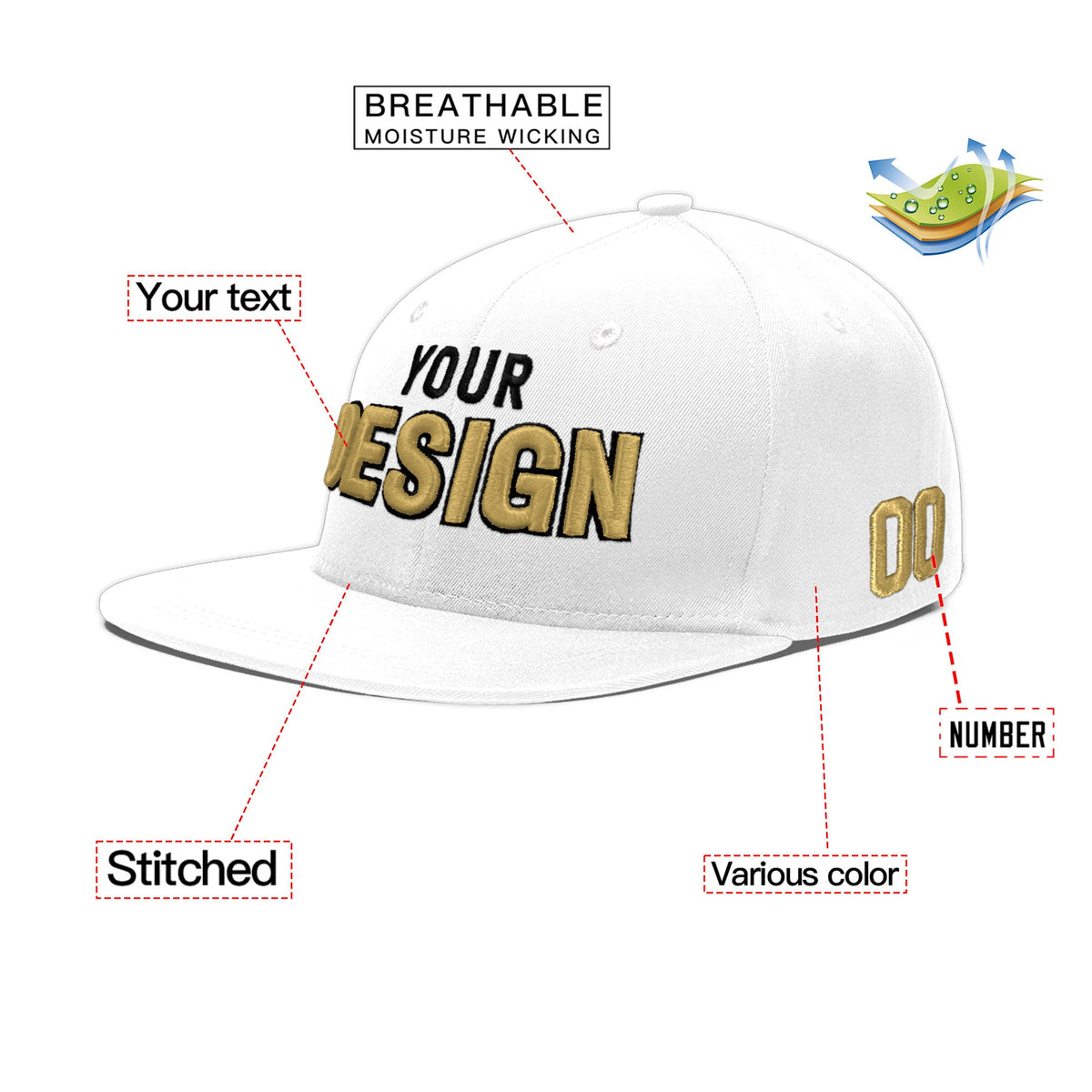 Custom White 3D Puff Embroidery Flat Embroidery Casual Sport Baseball Cap