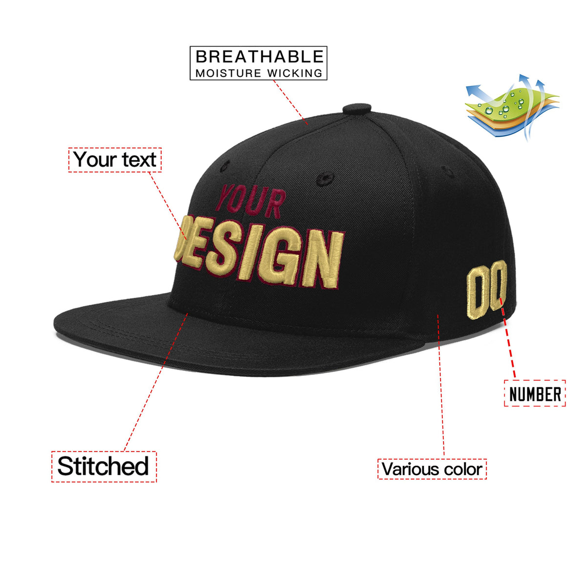 Custom Black 3D Puff Embroidery Flat Embroidery Casual Sport Baseball Cap