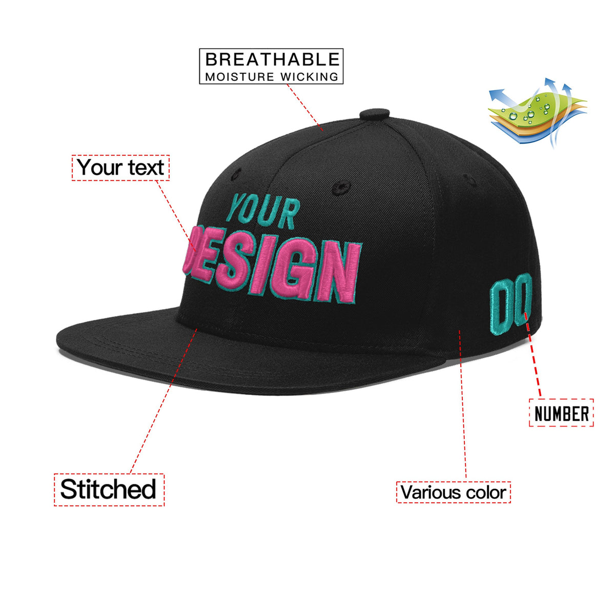 Custom Black 3D Puff Embroidery Flat Embroidery Casual Sport Baseball Cap