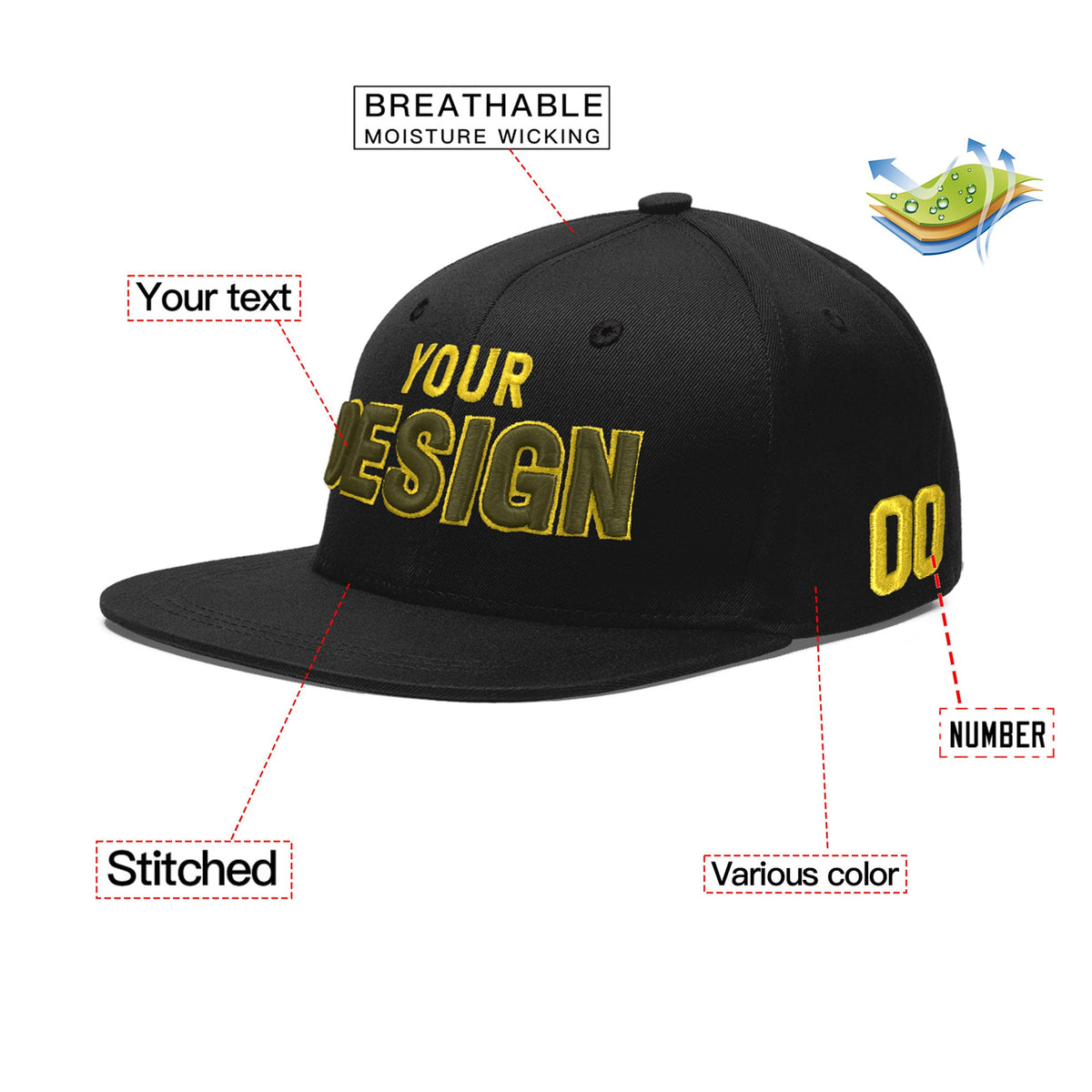 Custom Black 3D Puff Embroidery Flat Embroidery Casual Sport Baseball Cap