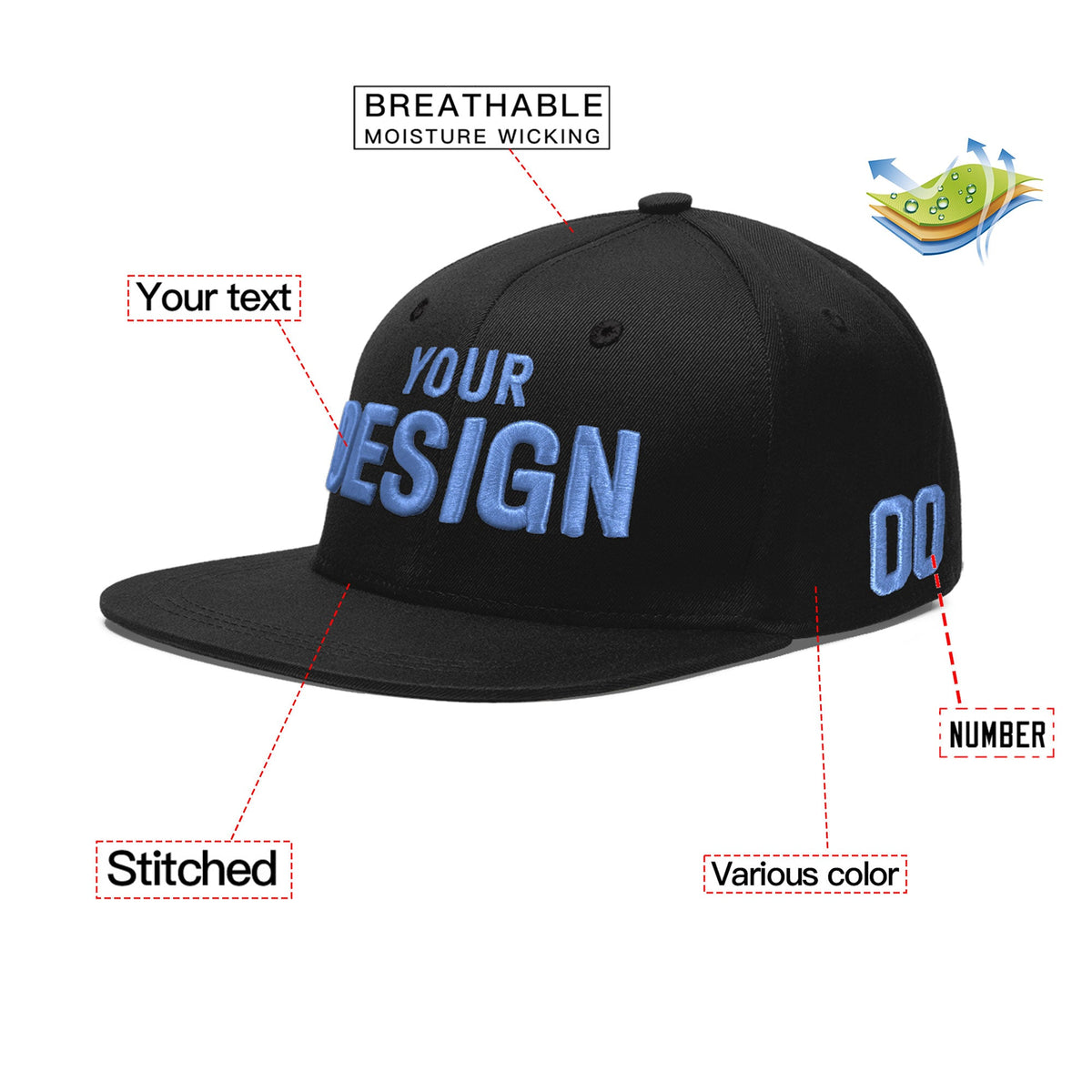 Custom Black 3D Puff Embroidery Flat Embroidery Casual Sport Baseball Cap