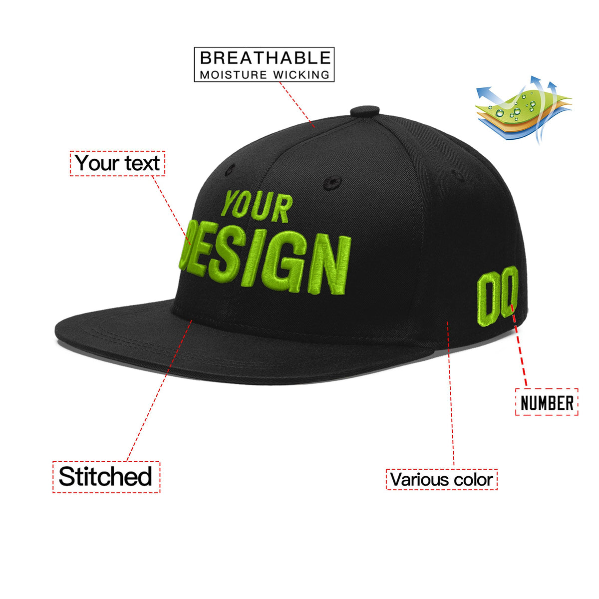 Custom Black 3D Puff Embroidery Flat Embroidery Casual Sport Baseball Cap