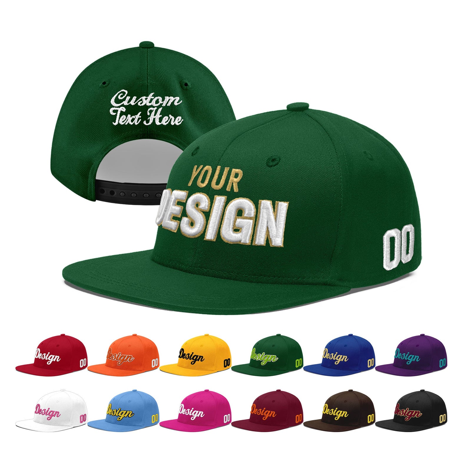 Custom Green 3D Puff Embroidery Flat Embroidery Casual Sport Baseball Cap